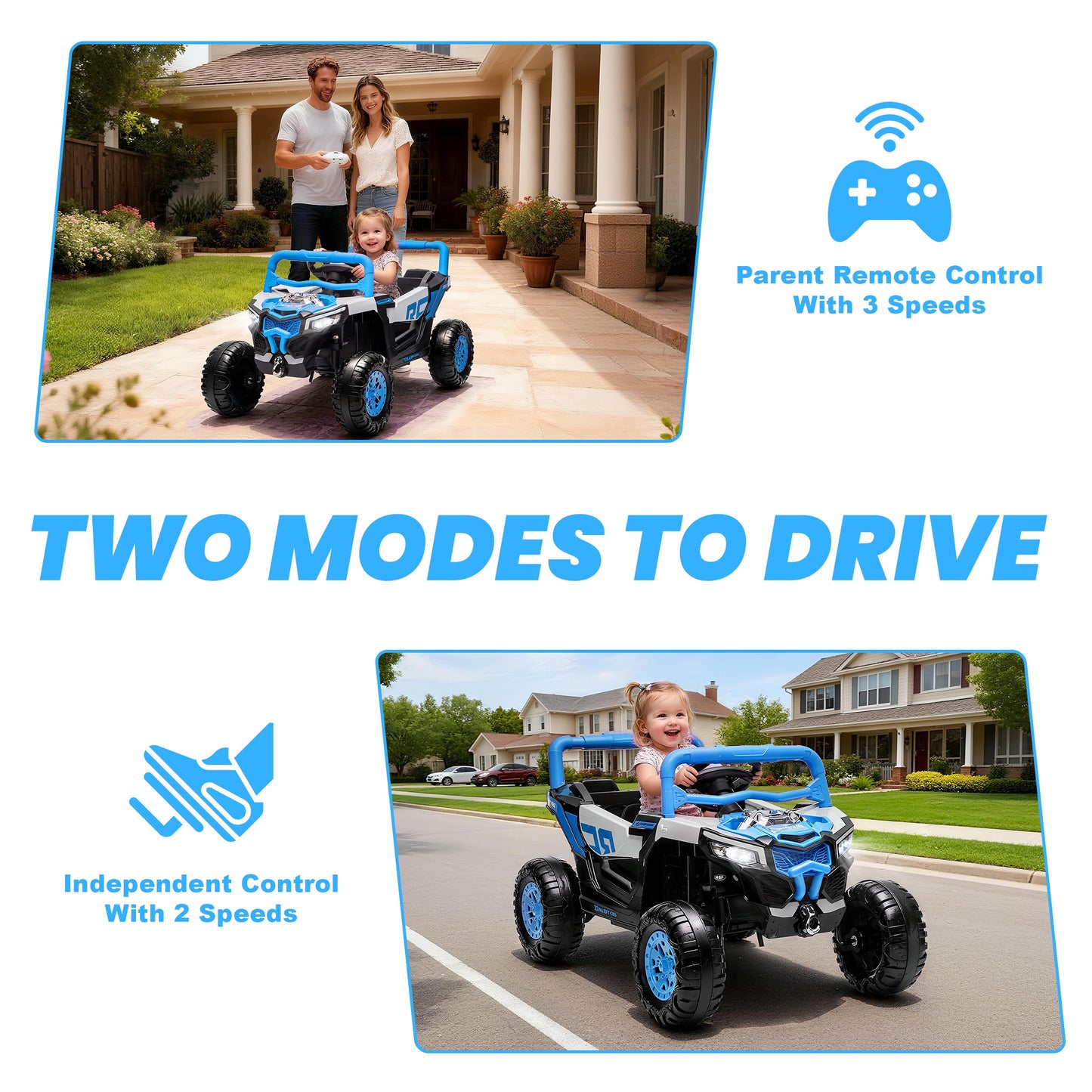 iRerts 12V Electric Ride on UTV, Powered Ride on Cars with Parent Remote Control, LED Lights, Music Player, Front Shock Absorbers, Ride on Toys for Kids Boys Girls Ages 3-4, Blue
