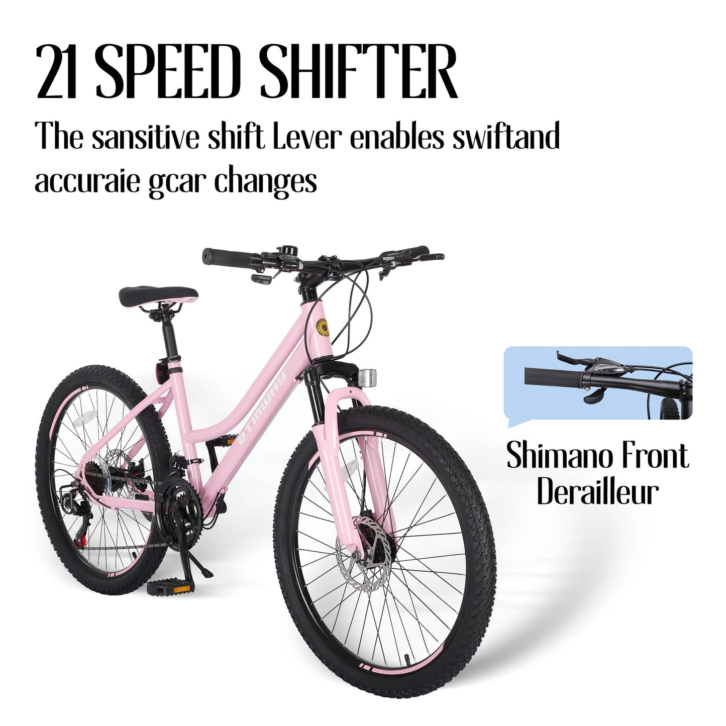 Mountain Bike, iRerts 24 Inch Mountain Bike for Girls, Shimano 21 Speed MTB Women Bicycle with Dual Disc Brakes and Front Suspension Fork, Outdoor Cycling Bike for Adult Work School Commuting, Pink