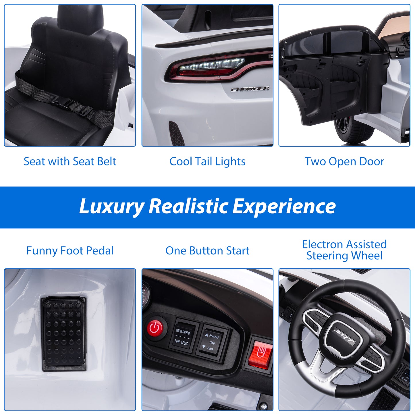 iRerts 12V White Dodge Charger Ride On Cars with Remote Control,  Kids Ride on Toys with Bluetooth, Music, LED Light, USB, MP3, 4 Wheel Suspension, Electric Cars for Kids Boys Girls Birthday Gifts