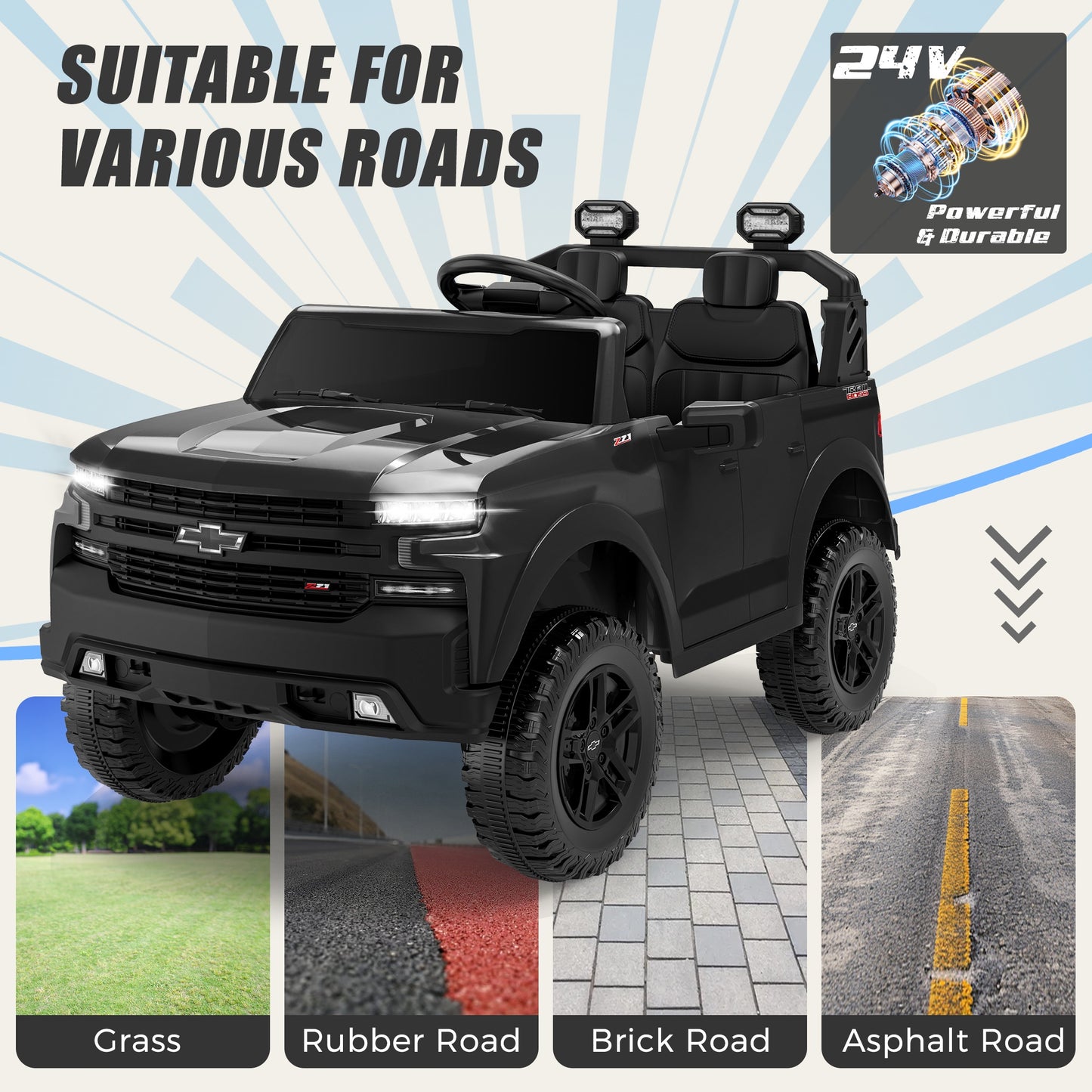 24V Powered Ride on Toys Car, Licensed Chevrolet Silverado 2 Seater Ride on Cars with Remote Control, Spring Suspension, LED Lights, Bluetooth Music, Toddler Electric Car for Kids Ages 3+, Black