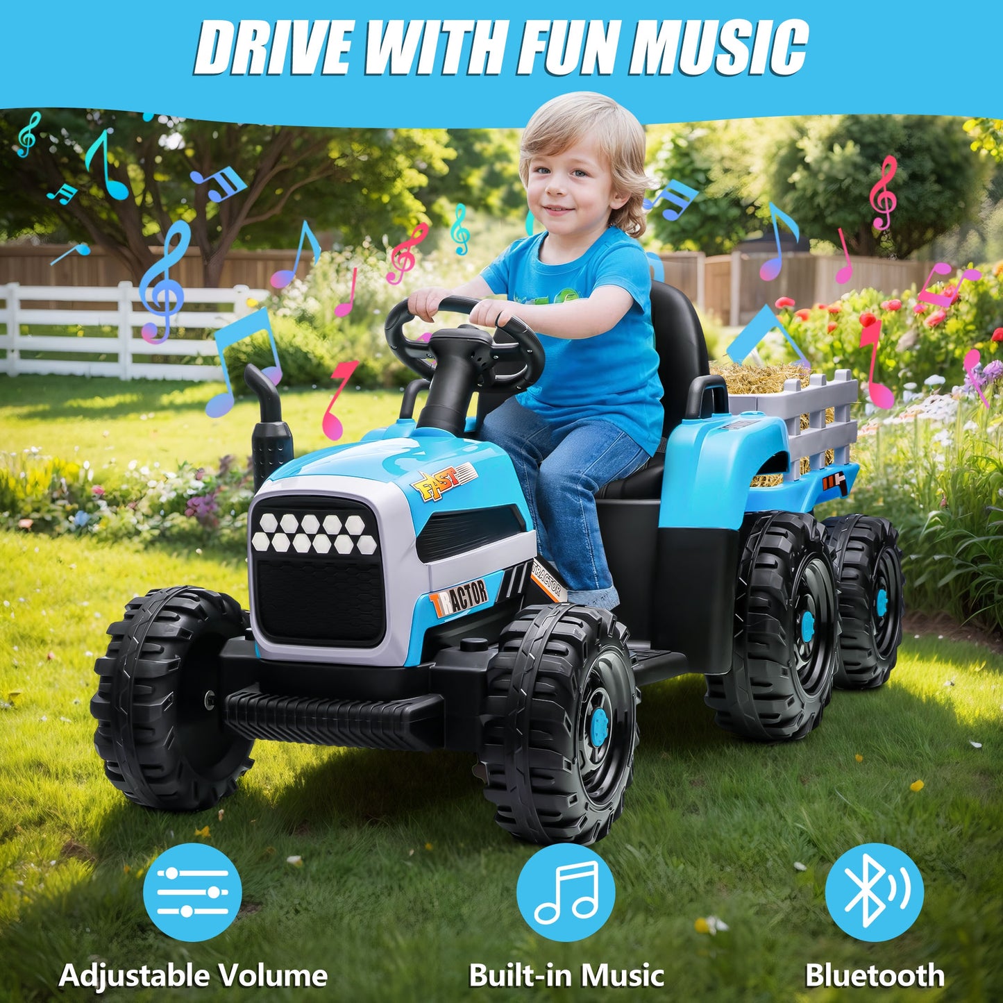 Powered Ride on Toy Tractor, 24V Kids Ride on Car with Remote Control, Electric Vehicles for Kids Toddlers 3-6 Years with 3 Speeds, Bluetooth, Music Player, LED Light, Rear Wheel Suspension, Blue