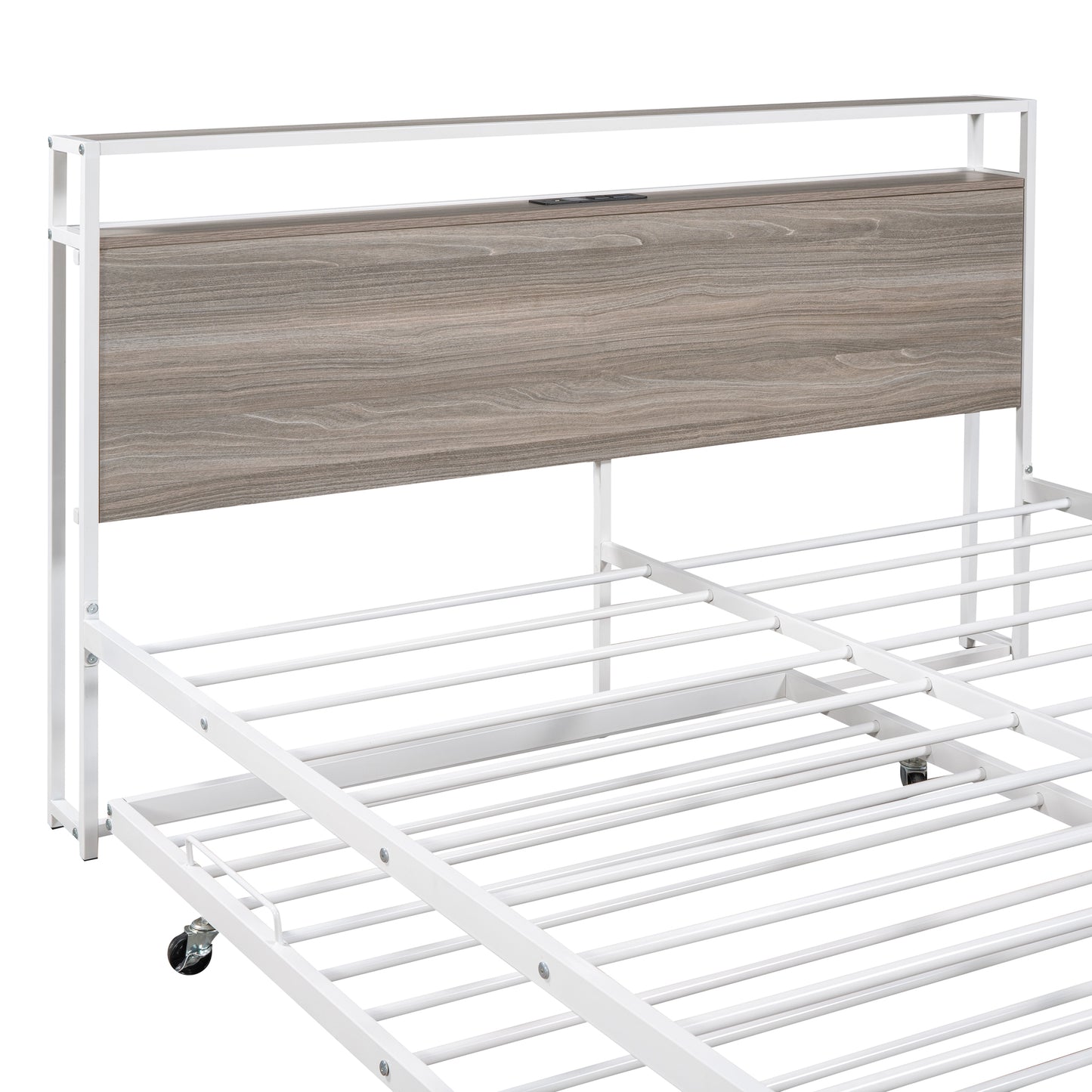 Queen Size Metal Platform Bed Frame with Twin Size Trundle, Queen Size Bed Frame with Storage Headboard, Outlet/USB Ports, Steel Slat Support, Queen Bed Frame No Box Spring Needed for Bedroom, White