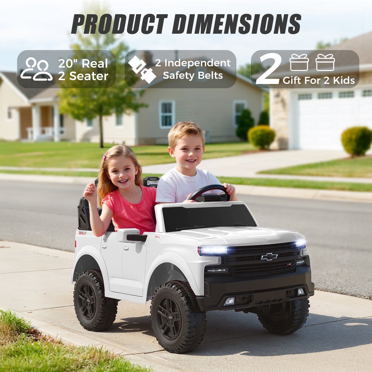 24V Powered Ride on Toys Car, Licensed Chevrolet Silverado 2 Seater Ride on Cars with Remote Control, Spring Suspension, LED Lights, Bluetooth Music, Toddler Electric Car for Kids Ages 3+, White