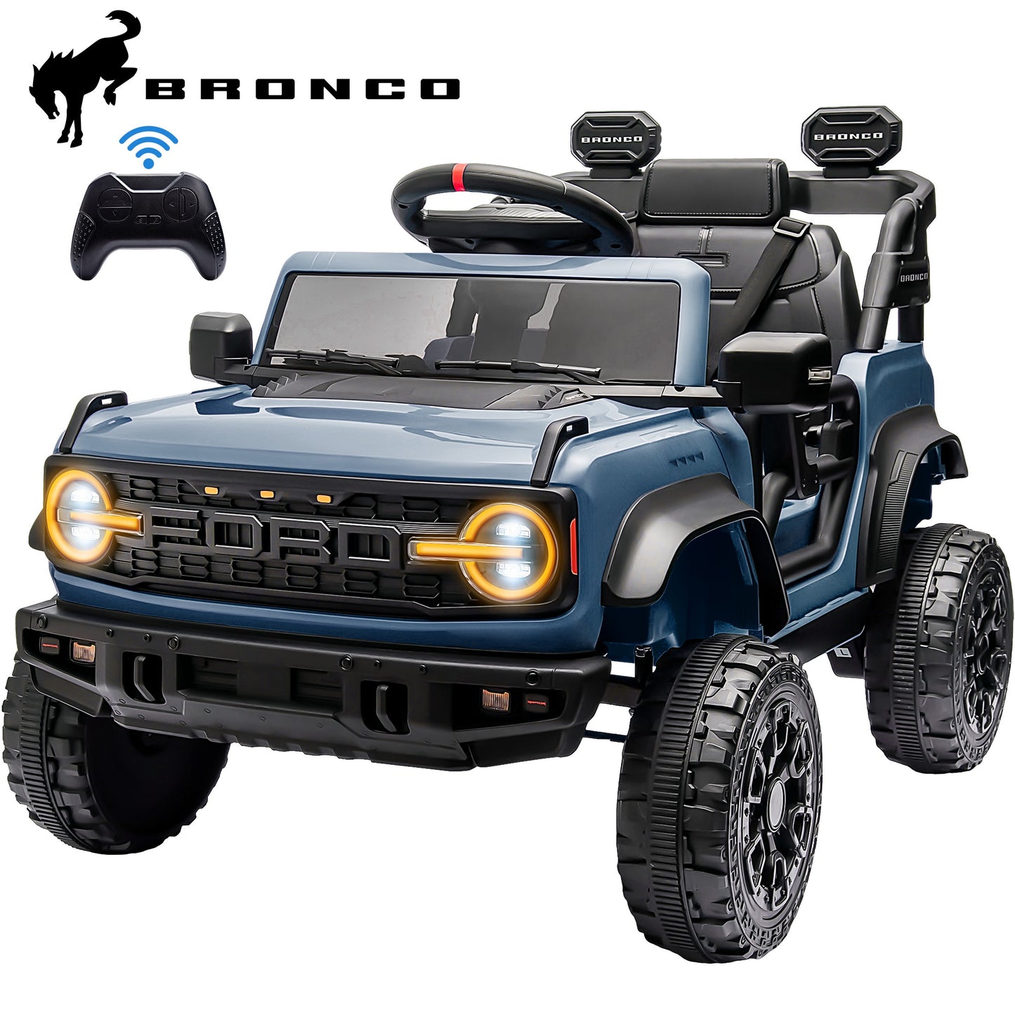 12V Powered Ride on Car, Ford Bronco Raptor Ride on Toys with Remote Control, Battery Powered Ride on Trucks with Bluetooth Music, LED Light, Kids Car Electric Vehicle for Boys Girls Gifts, Blue