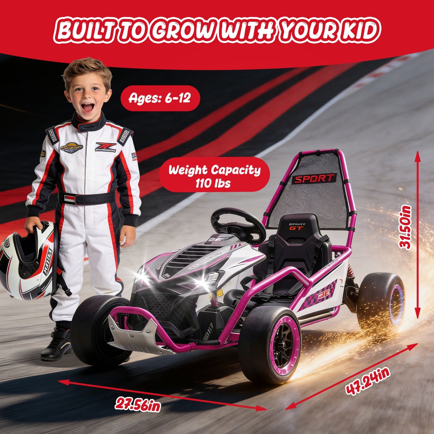 24V Powered Ride on Toys, iRerts Electric Go Kart with Drift Mode, Bluetooth Music, EVA Front Tires, Rear Wheel Suspension, Max Speed 7.5 MPH, Crazy Go Cart Electric Car for Kids 6-12 Ages, Rose Pink