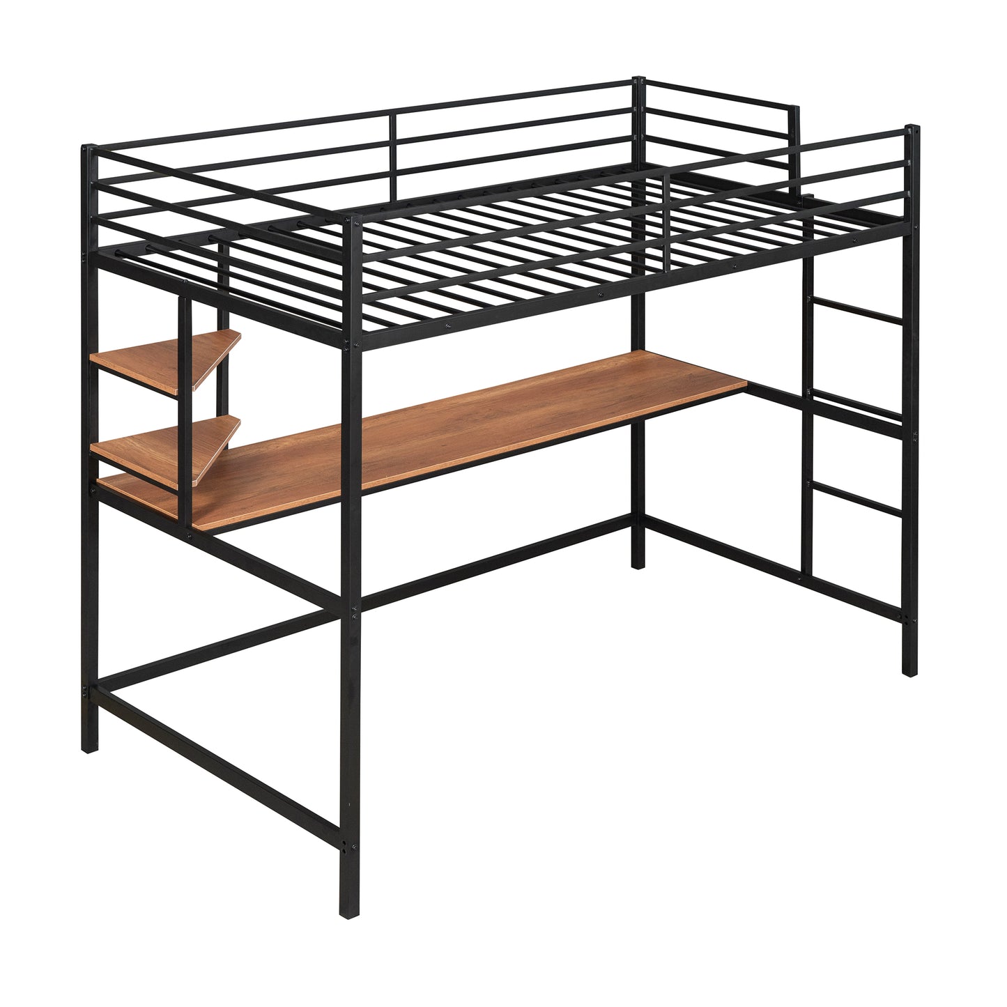 iRerts Loft Bed with Desk and Shelves, Metal Loft Bed Twin for Kids Teens Adult, Twin Size Loft Bed with Safety Guardrail, Modern Black Loft Bed Twin for Dorm Bedroom Guest Room, No Box Spring Needed