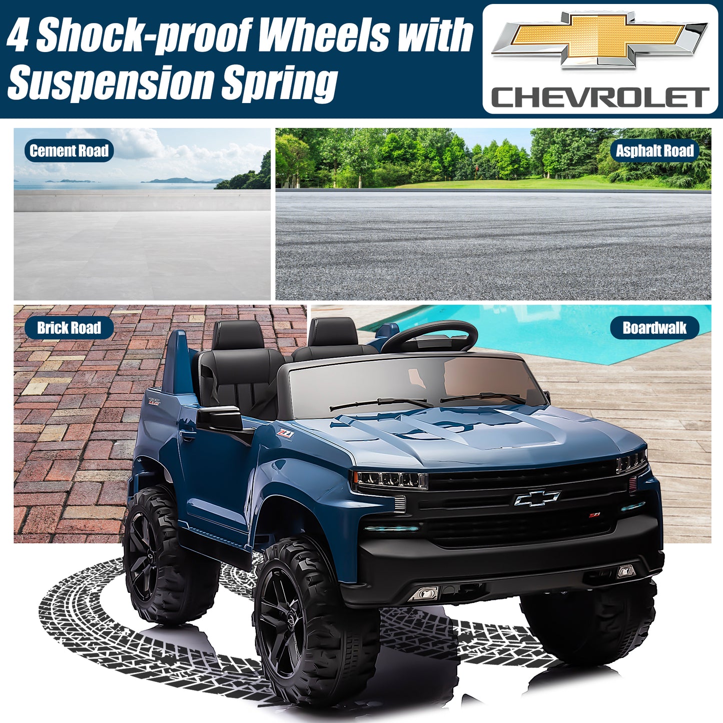 2 Seater 24V Ride on Cars with Remote Control, Licensed Chevrolet Silverado Kids Ride on Truck for Boys Girls Birthday Christmas Gifts, Battery Powered Kids Electric Cars with LED Lights, Music, Blue