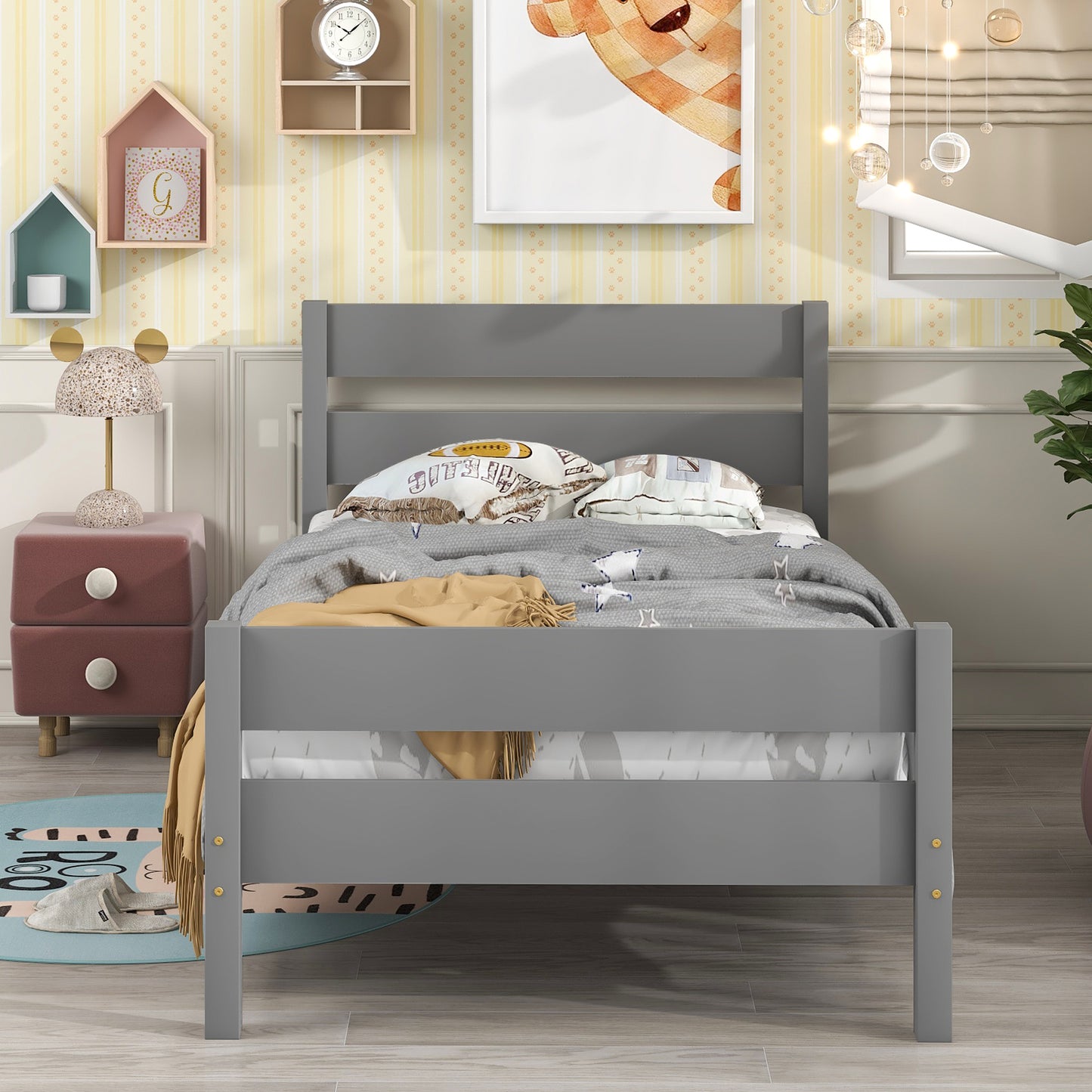 iRerts Wood Twin Bed Frame, Gray Twin Platform Bed Frame with Headboard and Footboard, Modern Twin Bed Frame No Box Spring Needed for Adults Teens Kids, Twin Size Bed Frame with Wood Slat Support