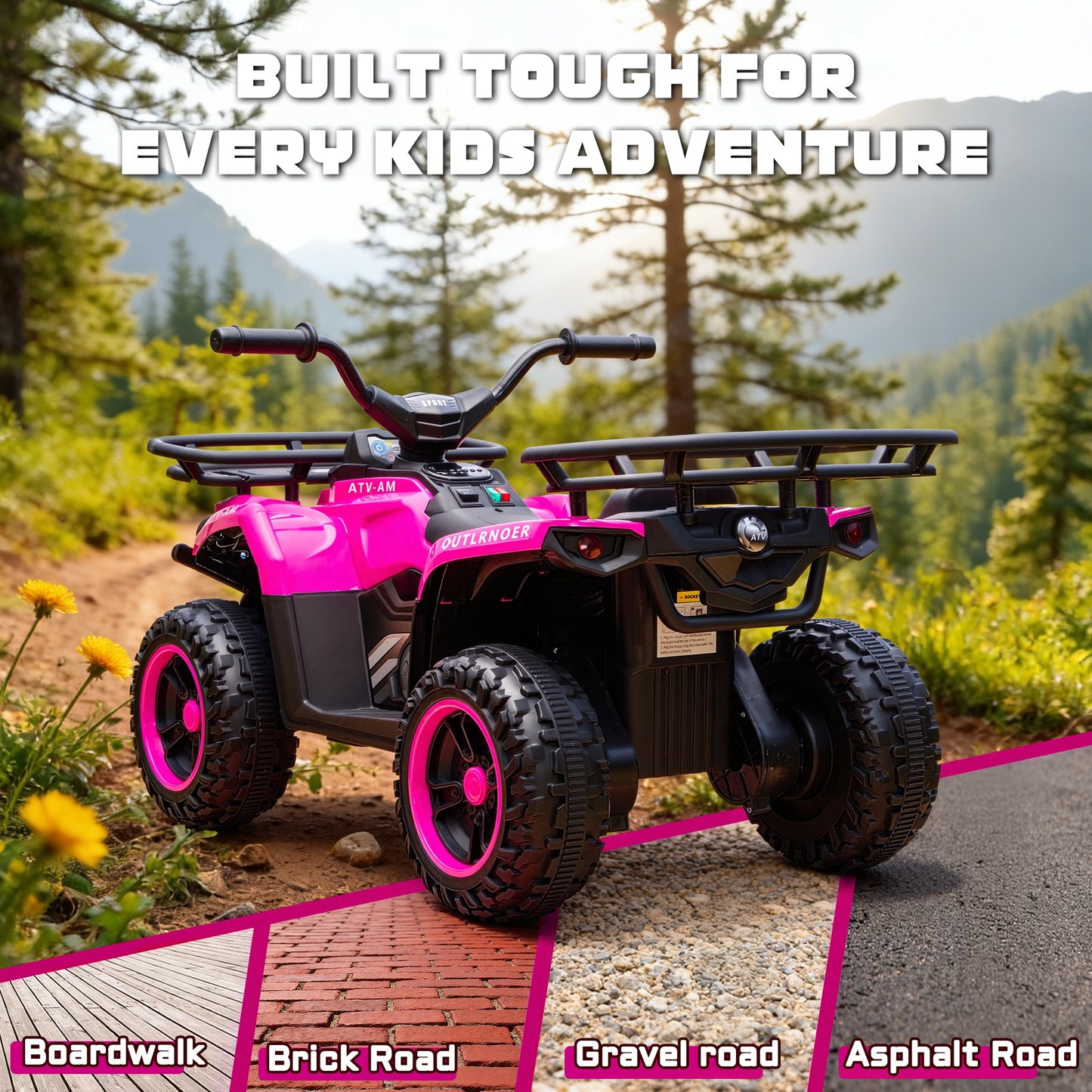 iRerts 24V Ride on ATV, Powered Ride on Toys for Kids Boys Girls Ages 3-5, Kids 4 Wheeler Electric Cars with Bluetooth, Music, LED Headlights, Front Rear Storage Racks, Crash Bars, Pink
