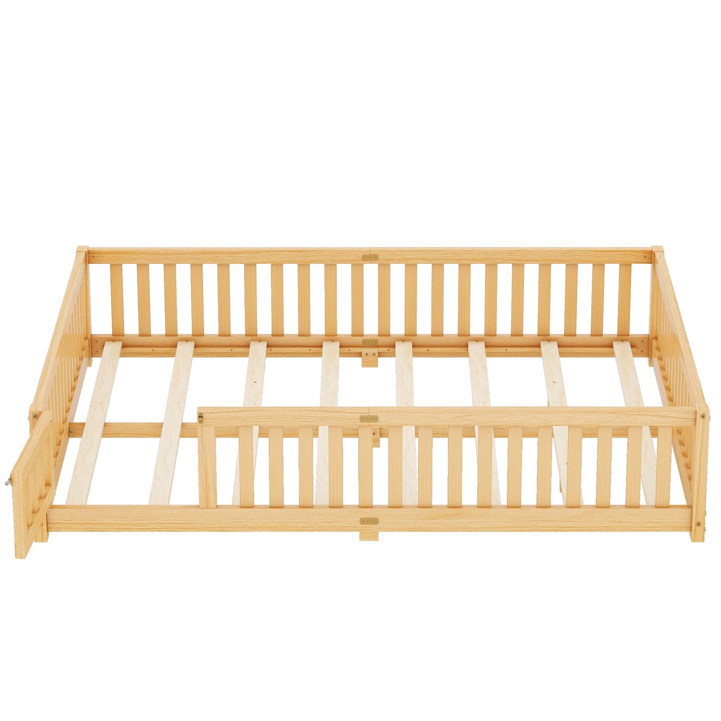 iRerts Queen Floor Bed Frame for Toddlers Kids, Wood Queen Montessori Bed Frame with Slats, Fence, Door, Kids Montessori Bed Queen Size, Queen Toddler Bed Frame for Boys Girls, Natural