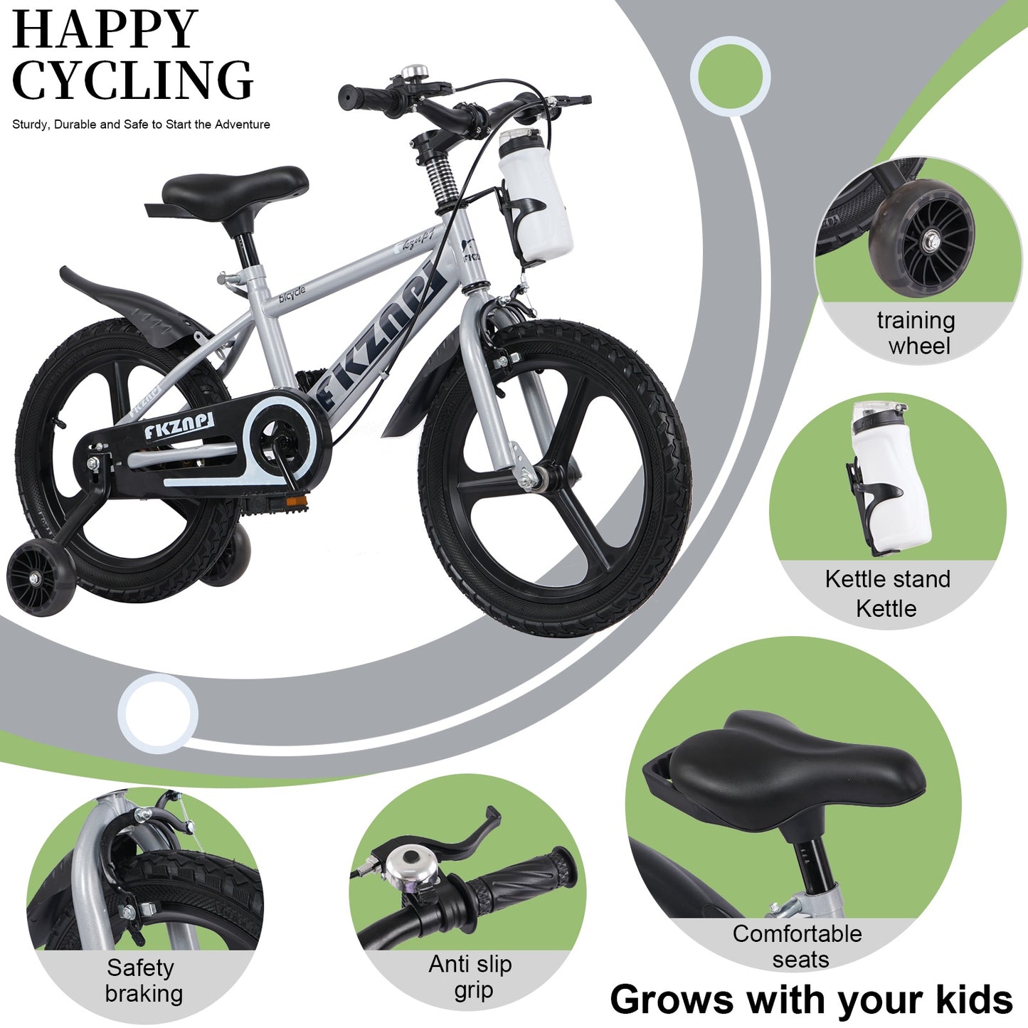 iRerts Kids Bike, 18 Inch Kids Bicycle for Boys Girls Ages 3-7, Toddlers Bike with Water Bottle Holder, Training Wheels with Night Glow, Adjustable Seat, Gray