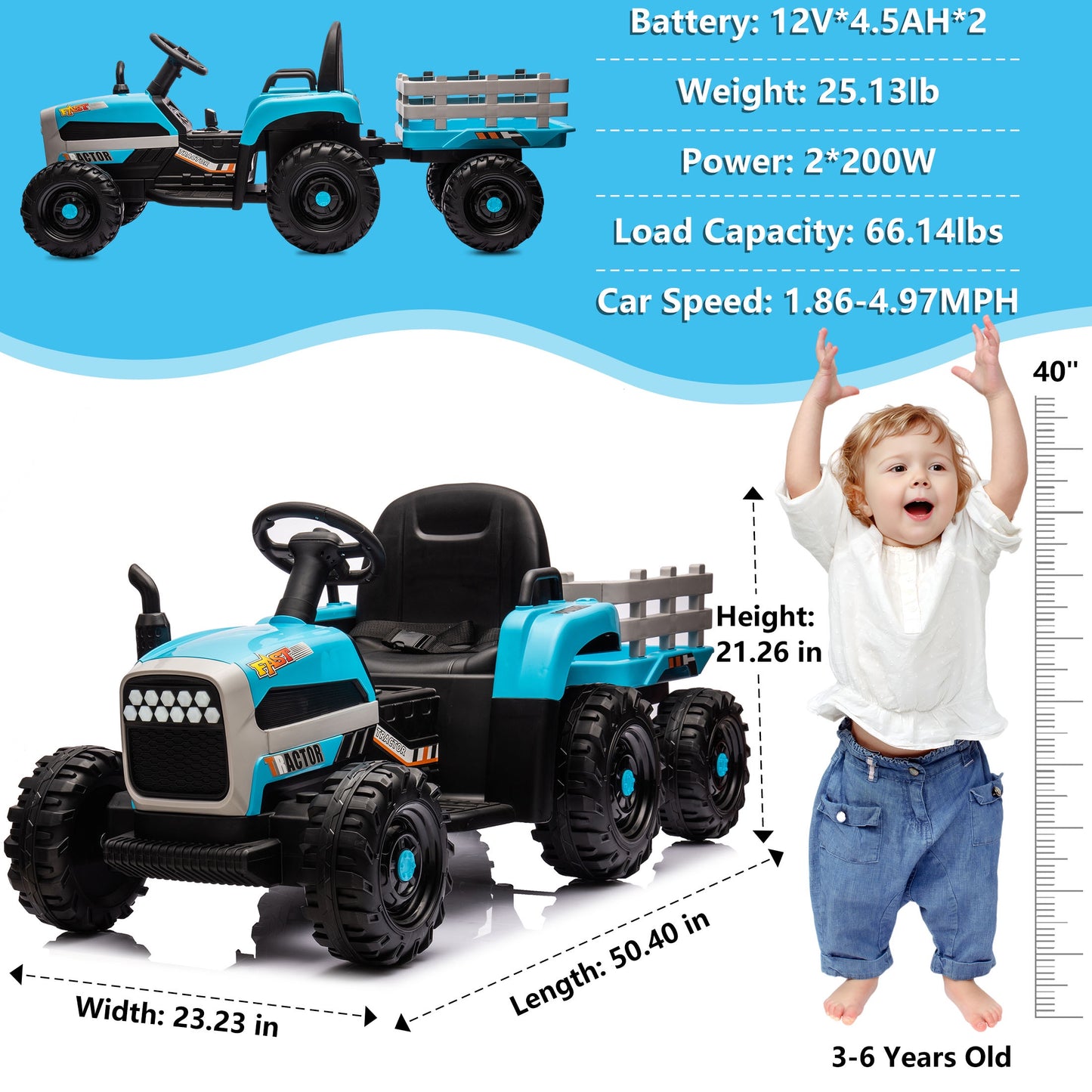 Powered Ride on Toy Tractor, 24V Kids Ride on Car with Remote Control, Electric Vehicles for Kids Toddlers 3-6 Years with 3 Speeds, Bluetooth, Music Player, LED Light, Rear Wheel Suspension, Blue