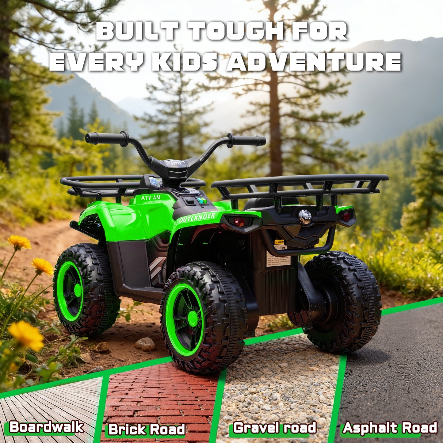iRerts 24V Ride on ATV, Powered Ride on Toys for Kids Boys Girls Ages 3-5, Kids 4 Wheeler Electric Cars with Bluetooth, Music, LED Headlights, Front Rear Storage Racks, Crash Bars, Green