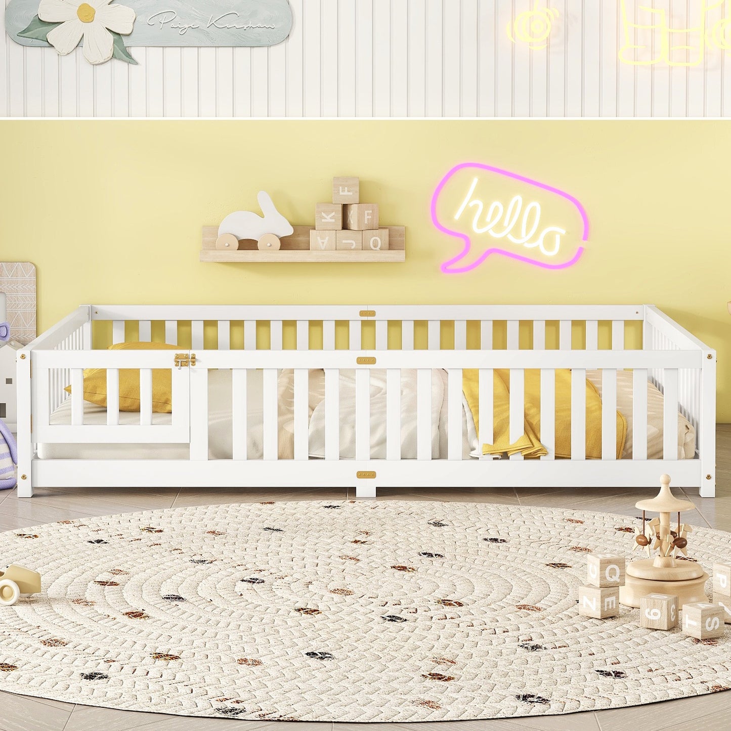 iRerts Queen Floor Bed Frame for Toddlers Kids, Wood Queen Montessori Bed Frame with Slats, Fence, Door, Kids Montessori Bed Queen Size, Queen Toddler Bed Frame for Boys Girls, White