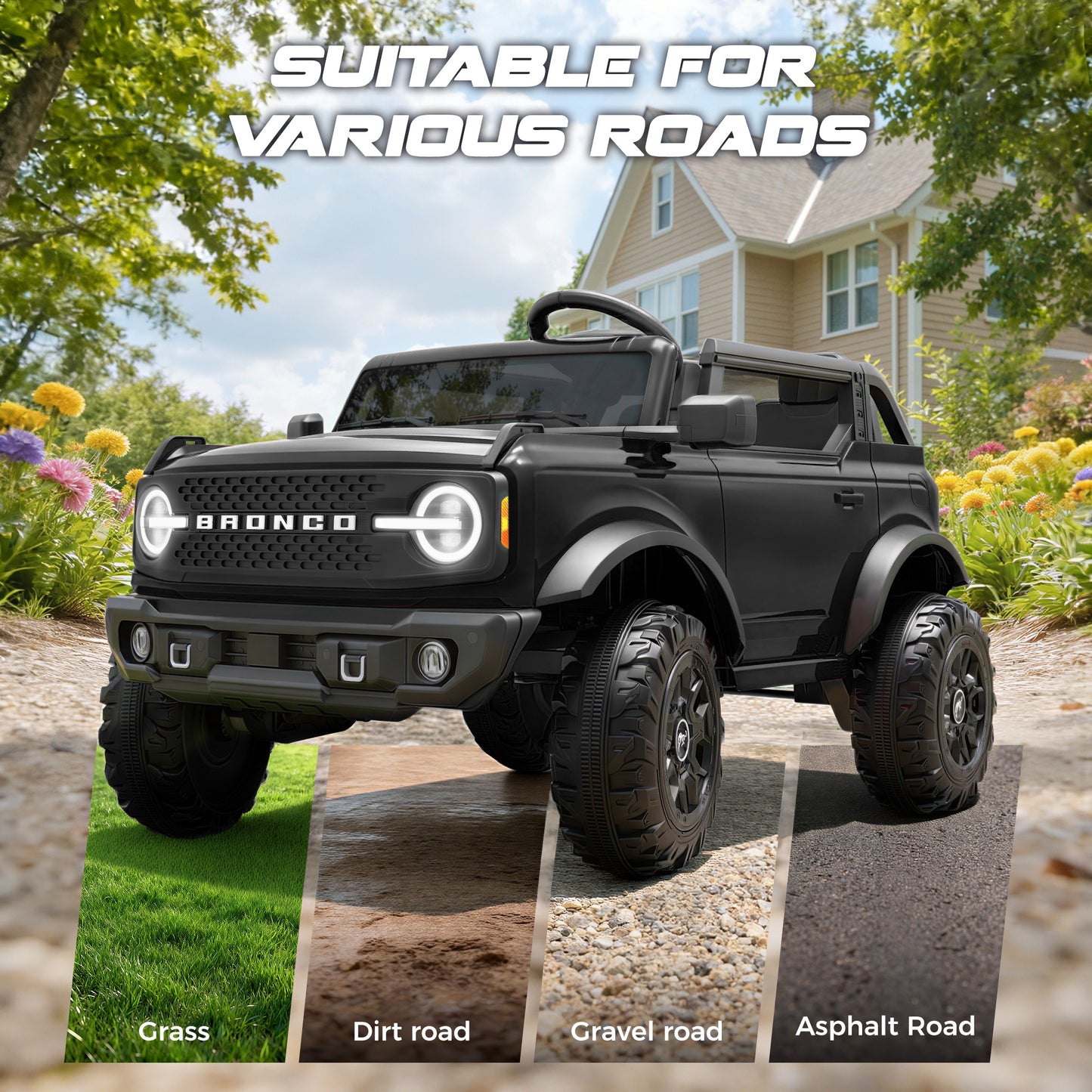 iRerts 2 Seater Ride on Cars, Licensed Ford Bronco Base 24V Ride on Toys for Big Kids Ages 3-8, Powered Kids Car Electric Vehicle with Remote Control, Bluetooth, LED Lights, 4 Wheel Suspension, Black