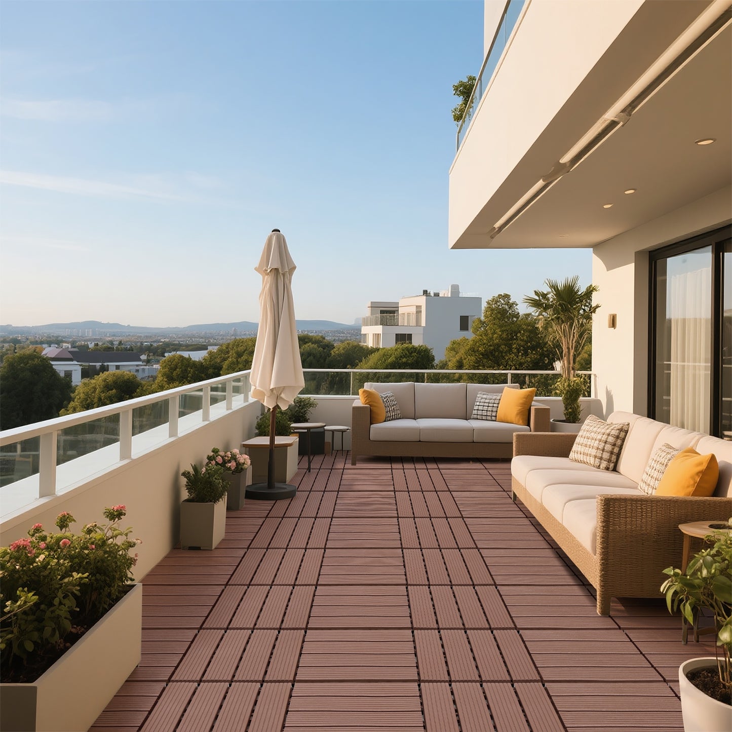 iRerts Plastic Interlocking Deck Tiles, 44 Pack Outdoor Flooring Tiles 12" x 12", All Weather Use, Patio Floor Decking Tiles for Porch Poolside Balcony, Brown