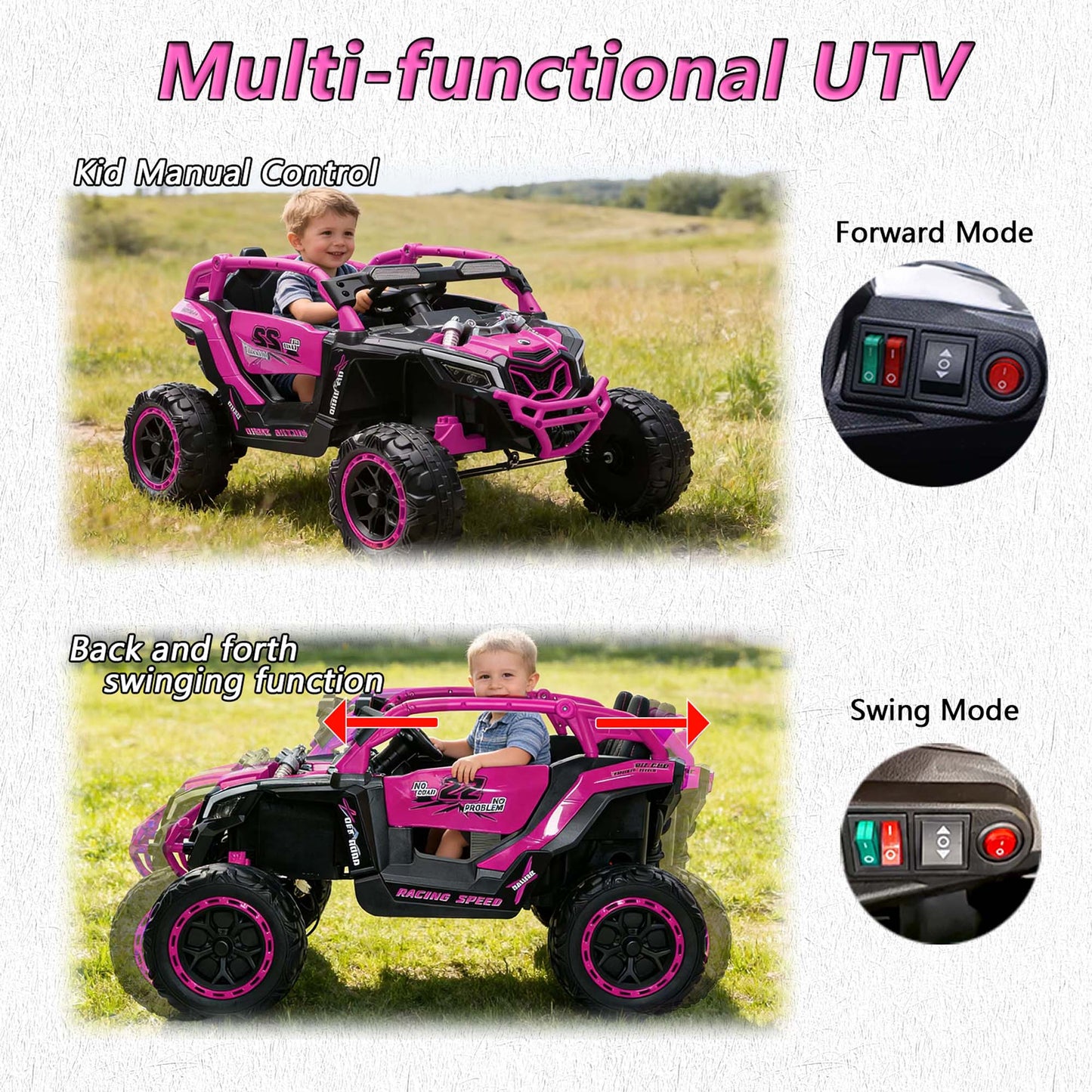 iRerts 24V Ride on Toys with Parents Remote Control, Ride on UTV Car with Bluetooth, MP3 Port, Music, LED Lights, 4 Shock Absorbers, Battery Powered Electric Car for Kids Ages 2-6, Magenta