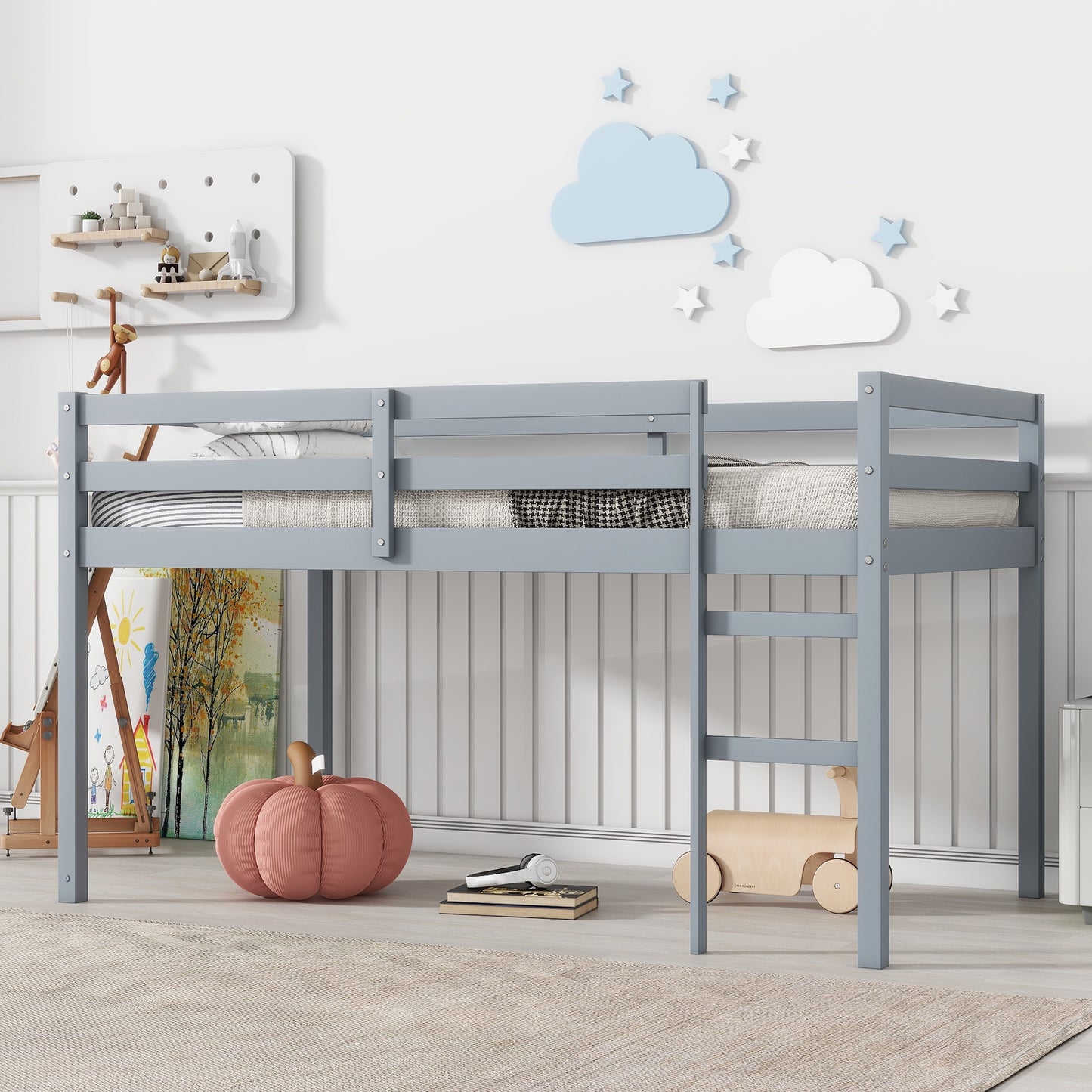 Twin Size Loft Bed Frame, Wood Loft Bed Frame for Kids Boys Girls, Twin Bed Frame Bedroom Furniture, No Box Spring Needed