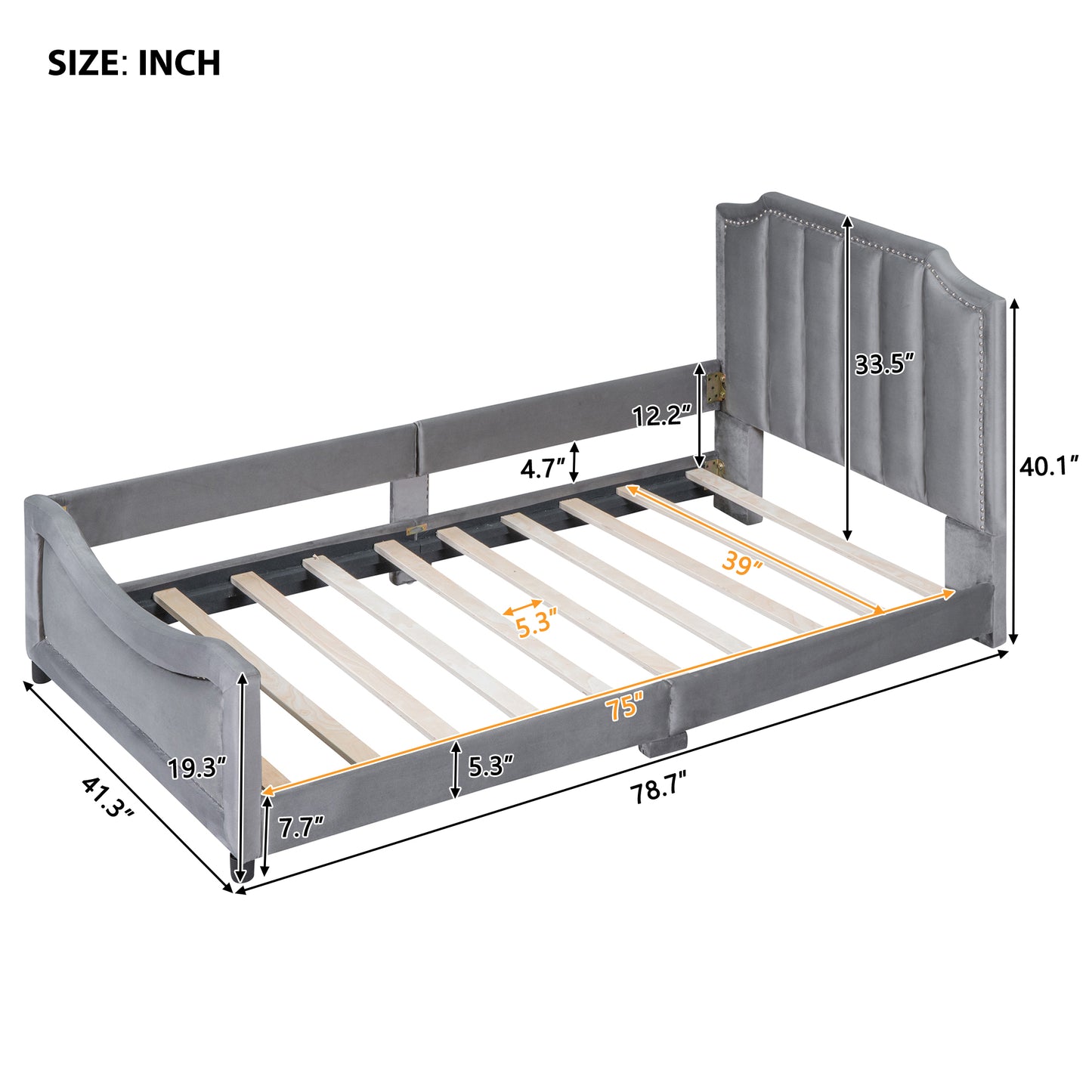 iRerts Upholstered Twin Platform Bed Frame, Velvet Twin Daybed Frame with Classic Stripe Shaped Headboard and Footboard, Wood Twin Size Sofa Bed for Kids Girls Boys, No Box Spring Needed, Gray