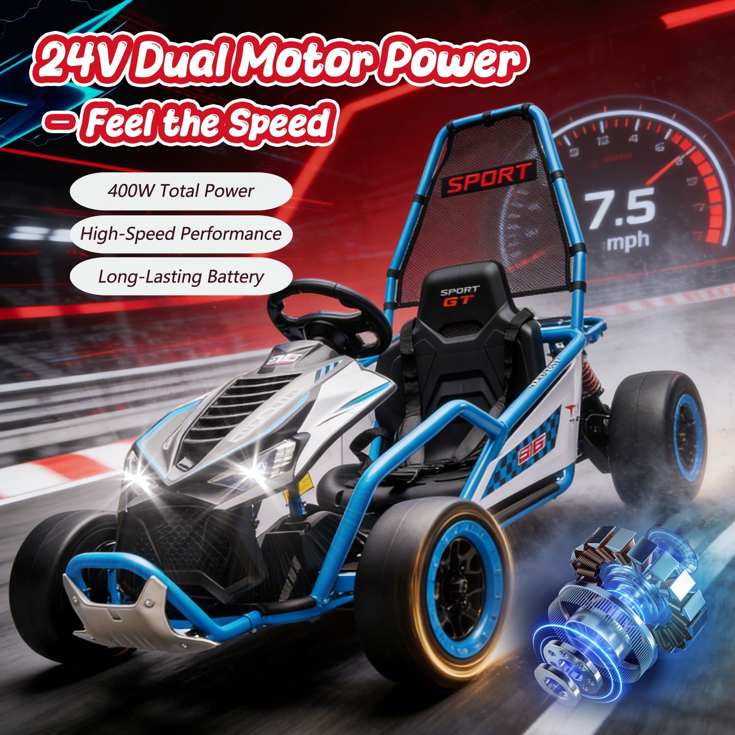 24V Powered Ride on Toys, iRerts Electric Go Kart with Drift Mode, Bluetooth Music, EVA Front Tires, Rear Wheel Suspension, Max Speed 7.5 MPH, Crazy Go Cart Electric Car for Kids 6-12 Ages,  Blue