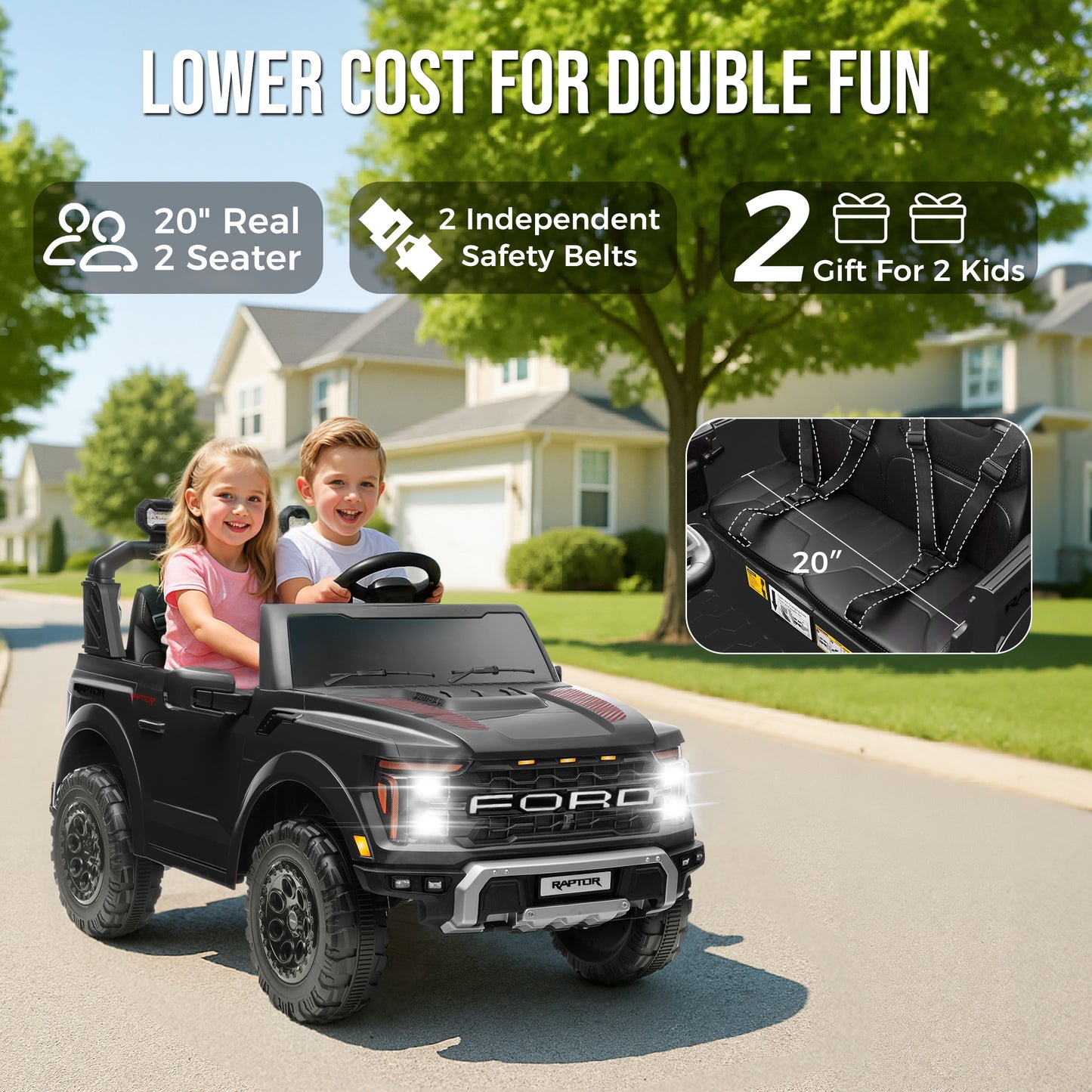 iRerts 24V Ride on Toys for Big Kids, Licensed Ford F 150 Raptor 2 Seater Ride on Cars with Remote Control, Bluetooth, FM Radio, LED Lights, 4 Wheels Suspension, Electric Car for Kids Ages 3-8, Black