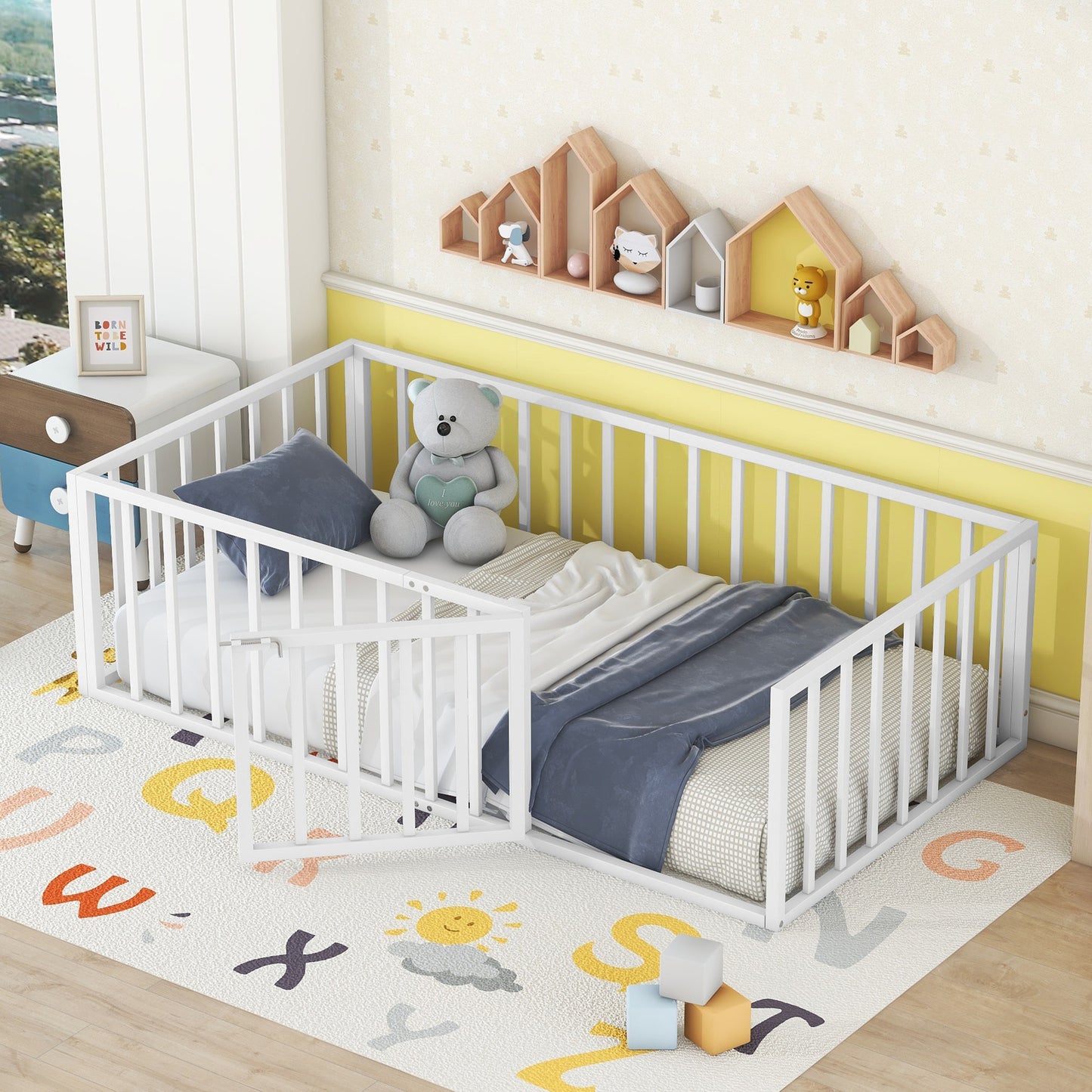 iRerts Twin Floor Bed Frame, Metal Twin Size Montessori Floor Bed Frame with Fence and Door, Kids Toddler Floor Bed Frame Twin Size for Girls Boys, Twin Bed Frame without Bed Slats, White