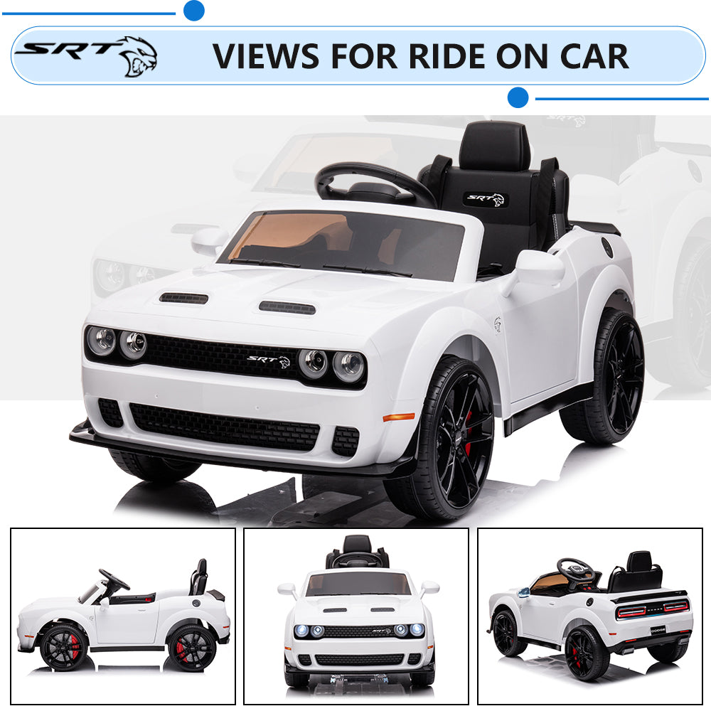 Kids Electric Car, Licensed Dodge Challenger 12V Ride On Cars with Remote Control, Kids Ride on Toys with Bluetooth, LED Light, USB, MP3, Kids Electric Vehicles for Boys Girls Birthday Gifts, White