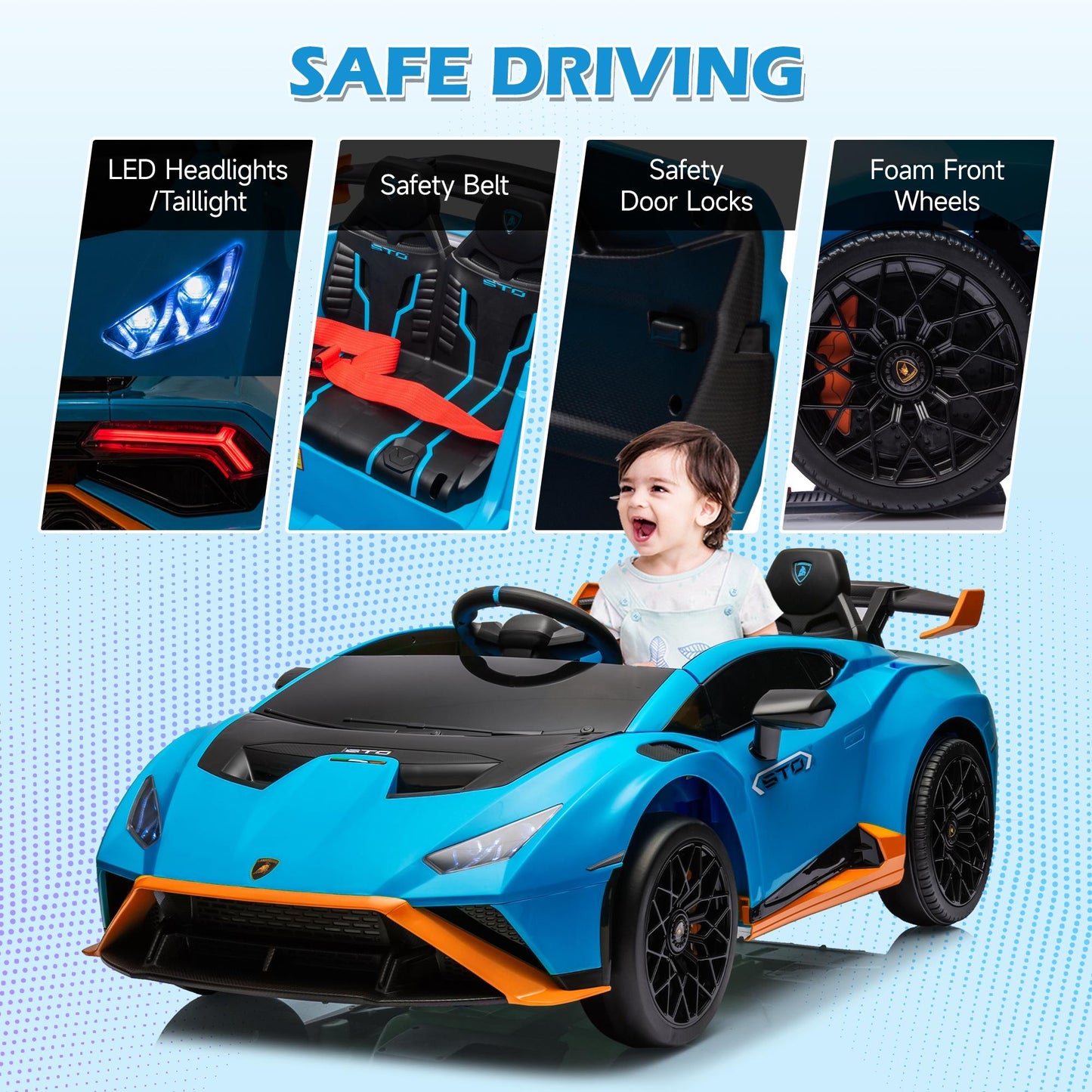 iRerts Blue 24V Lamborghini Ride on Cars with Remote Control, Battery Powered Kids Ride on Toys for Boys Girls 3-8 Ages, 4 Wheels Electric Cars for Kids with Bluetooth/Music/USB Port/LED Lights