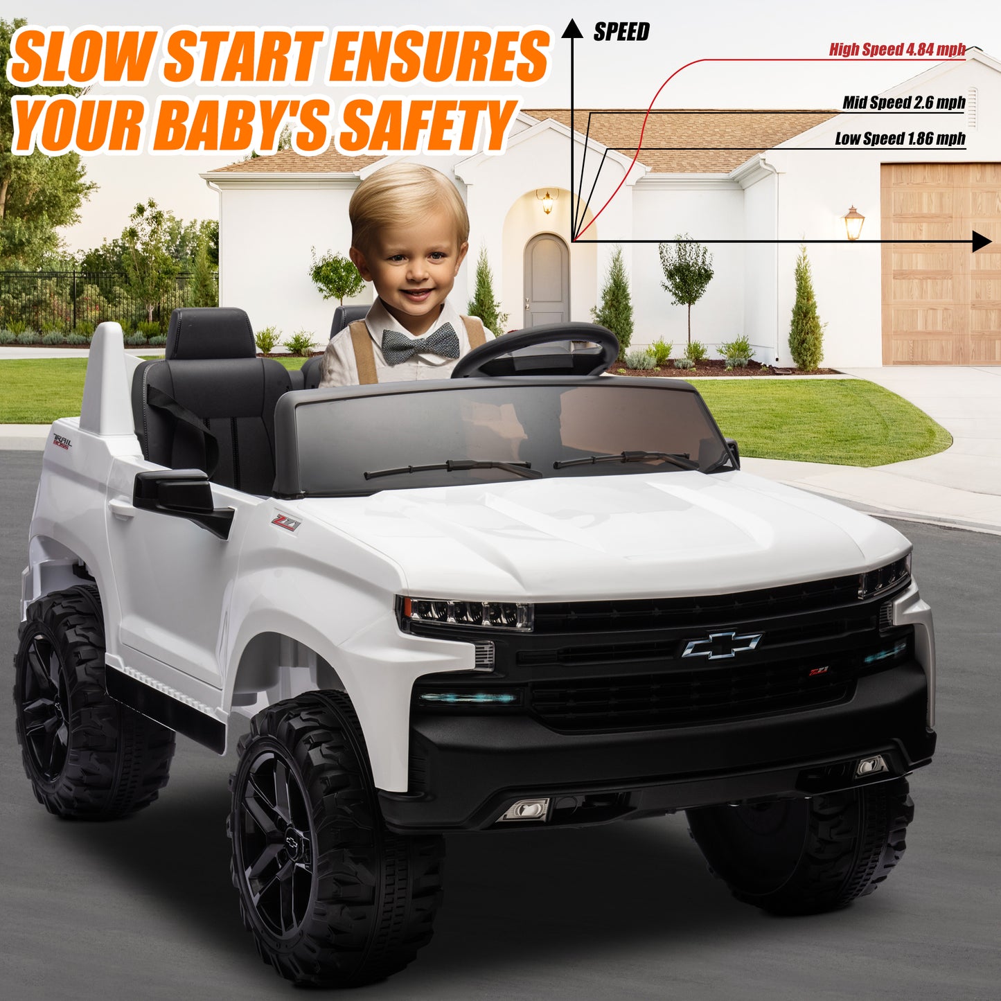 Chevrolet Silverado 24V Ride on Cars with Remote Control, 2 Seater 4 Wheels Kids Electric Cars with Bluetooth, LED Lights, Battery Powered Ride on Truck Toys for Boys Girls Christmas Gifts, White