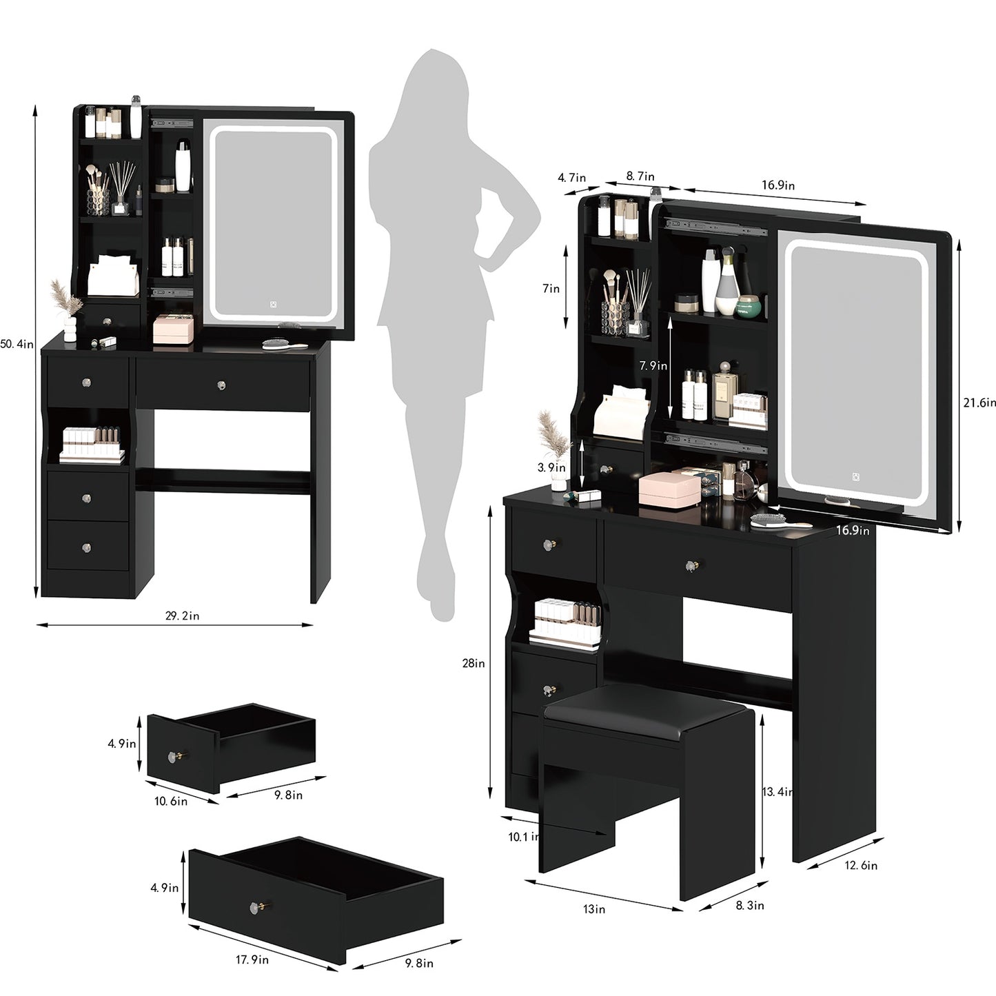 iRerts Vanity Desk with Chair, Makeup Vanity Set with LED Mirror, 3 Lighting Modes Brightness Adjustable, Shelf and Drawers, Makeup Vanity Desk Dressing Table Set for Bedroom Small Space, Black