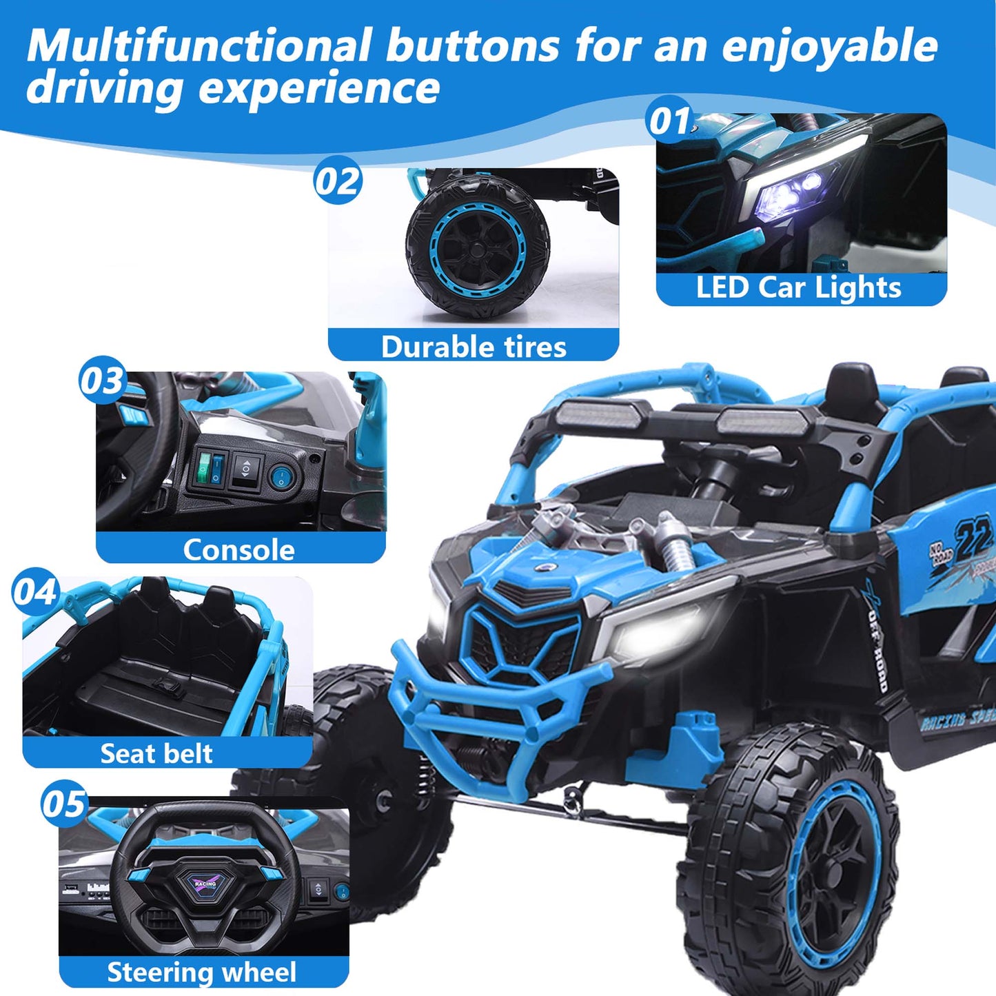 iRerts 24V Ride on Toys with Parents Remote Control, Ride on UTV Car with Bluetooth, MP3 Port, Music, LED Lights, 4 Shock Absorbers, Battery Powered Electric Car for Kids Ages 2-6, Blue