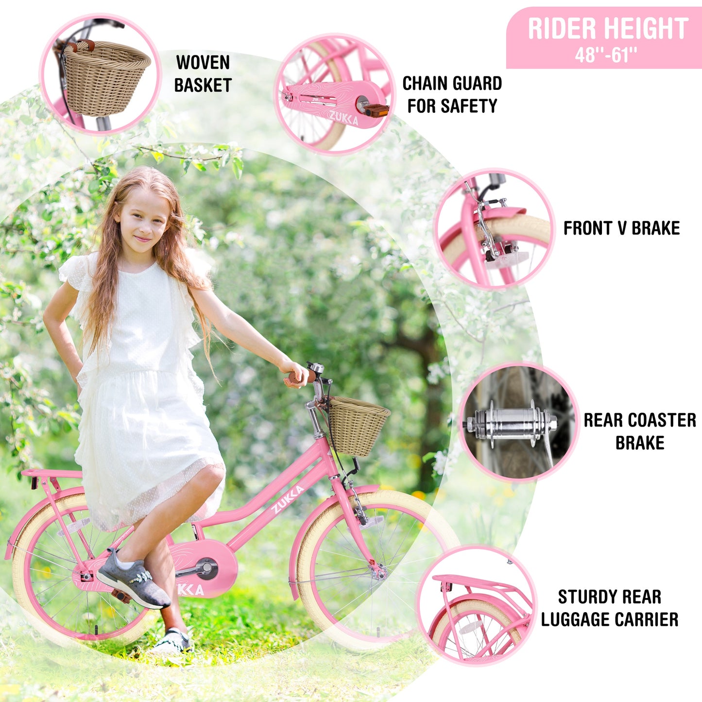 iRerts Girls Bike for 7-10 Years Old Kids, 20 Inch Bike with Basket, Brown Leather Saddle, Coaster Brakes, Retro Style Girls Bicycle Kids Cycle Bikes, Kids Bicycle for Gifts, Light Pink