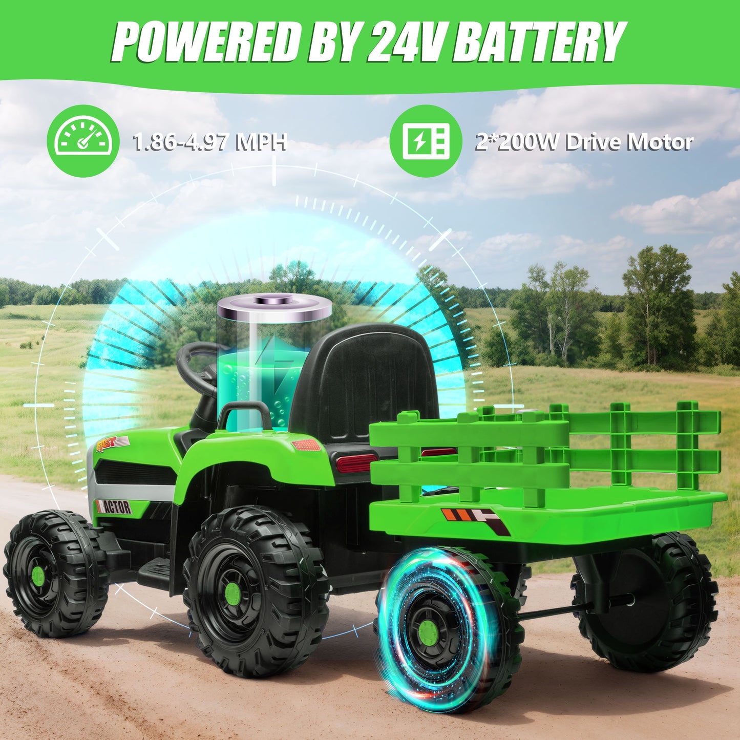Powered Ride on Toy Tractor, 24V Kids Ride on Car with Remote Control, Electric Vehicles for Kids Toddlers 3-6 Years with 3 Speeds, Bluetooth, Music Player, LED Light, Rear Wheel Suspension, Green