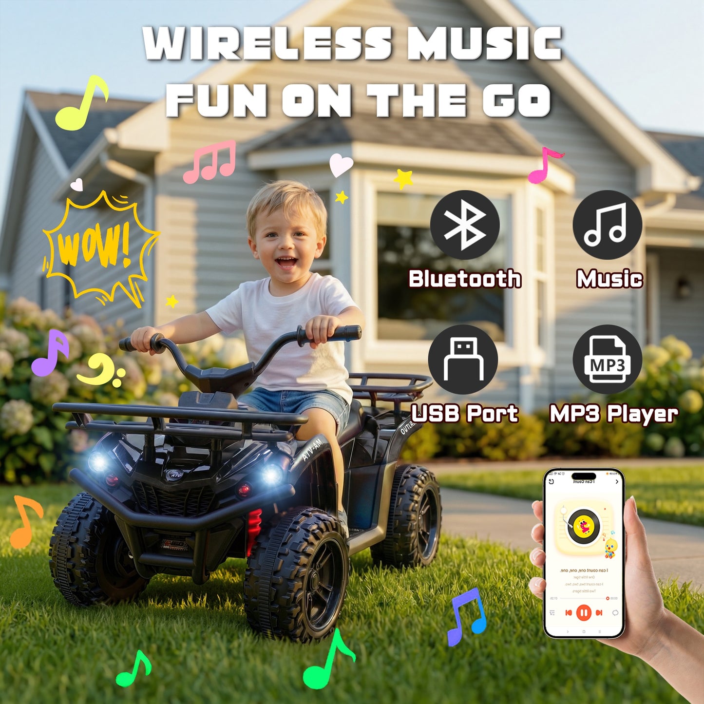 iRerts 24V Ride on ATV, Powered Ride on Toys for Kids Boys Girls Ages 3-5, Kids 4 Wheeler Electric Cars with Bluetooth, Music, LED Headlights, Front Rear Storage Racks, Crash Bars, Black