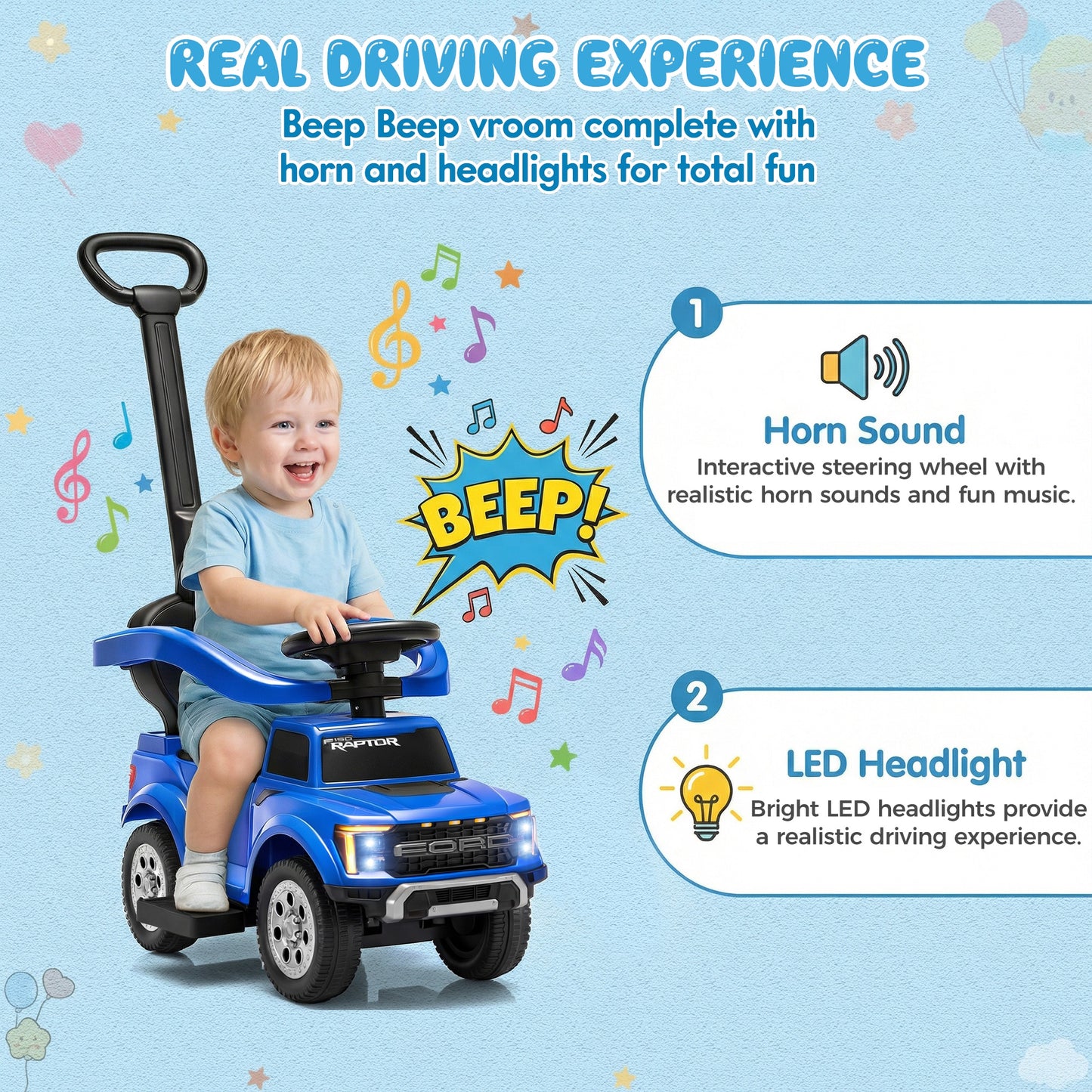 Push Car for Toddlers 1-3, Licensed Ford F-150 3-in-1 Kids Ride on Toy with Parent Push Handle, Foot to Floor Sliding Car with Horn & Lights, Under Seat Storage, Blue
