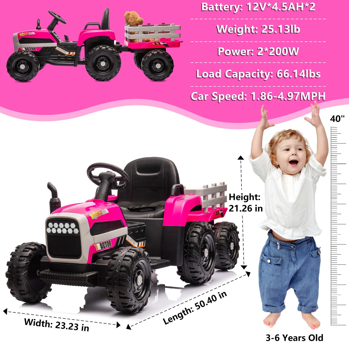 Powered Ride on Toy Tractor, 24V Kids Ride on Car with Remote Control, Electric Vehicles for Kids Toddlers 3-6 Years with 3 Speeds, Bluetooth, Music Player, LED Light, Rear Wheel Suspension, Rose Red