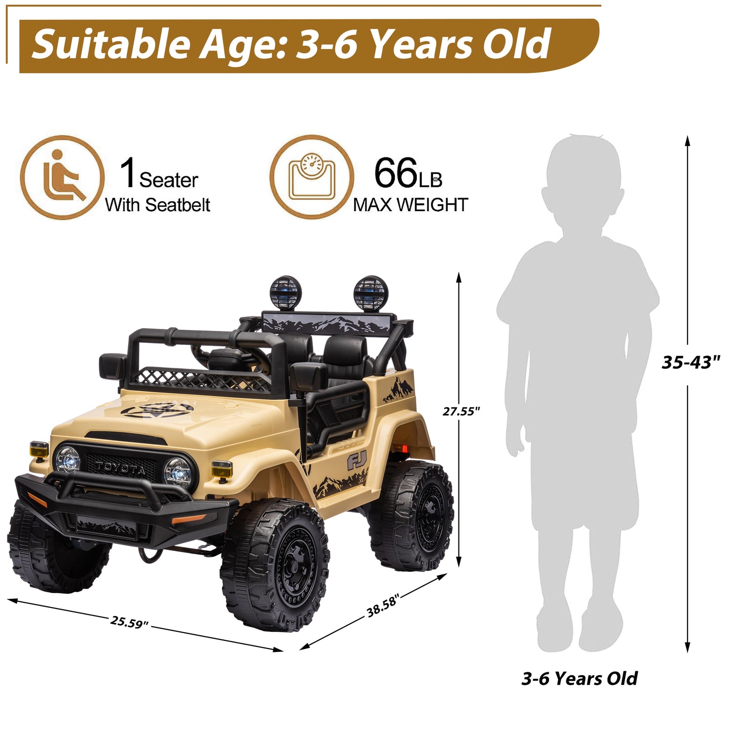 12V Ride on Cars with Remote Control, Licensed Toyota FJ Cruiser Ride on Trucks Vehicle with Bluetooth, Music, MP3/USB Port, Battery Powered Ride on Toys for Kids Boys Girls Birthday Gift, Yellow