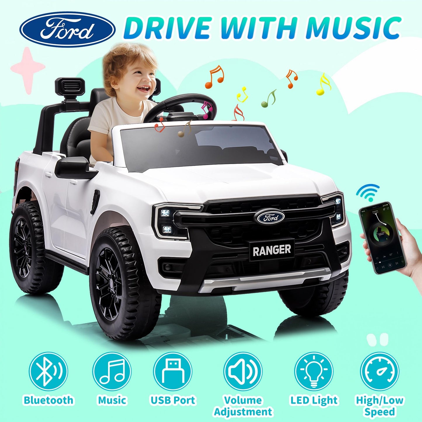 12V Ride on Cars with Remote Control, Ford Ranger Electric Cars for Kids with Bluetooth, Music, USB Port, Horn, LED Lights, Battery Powered Ride on Toys for Kids Boys Girls 3-6 Ages Gifts, White