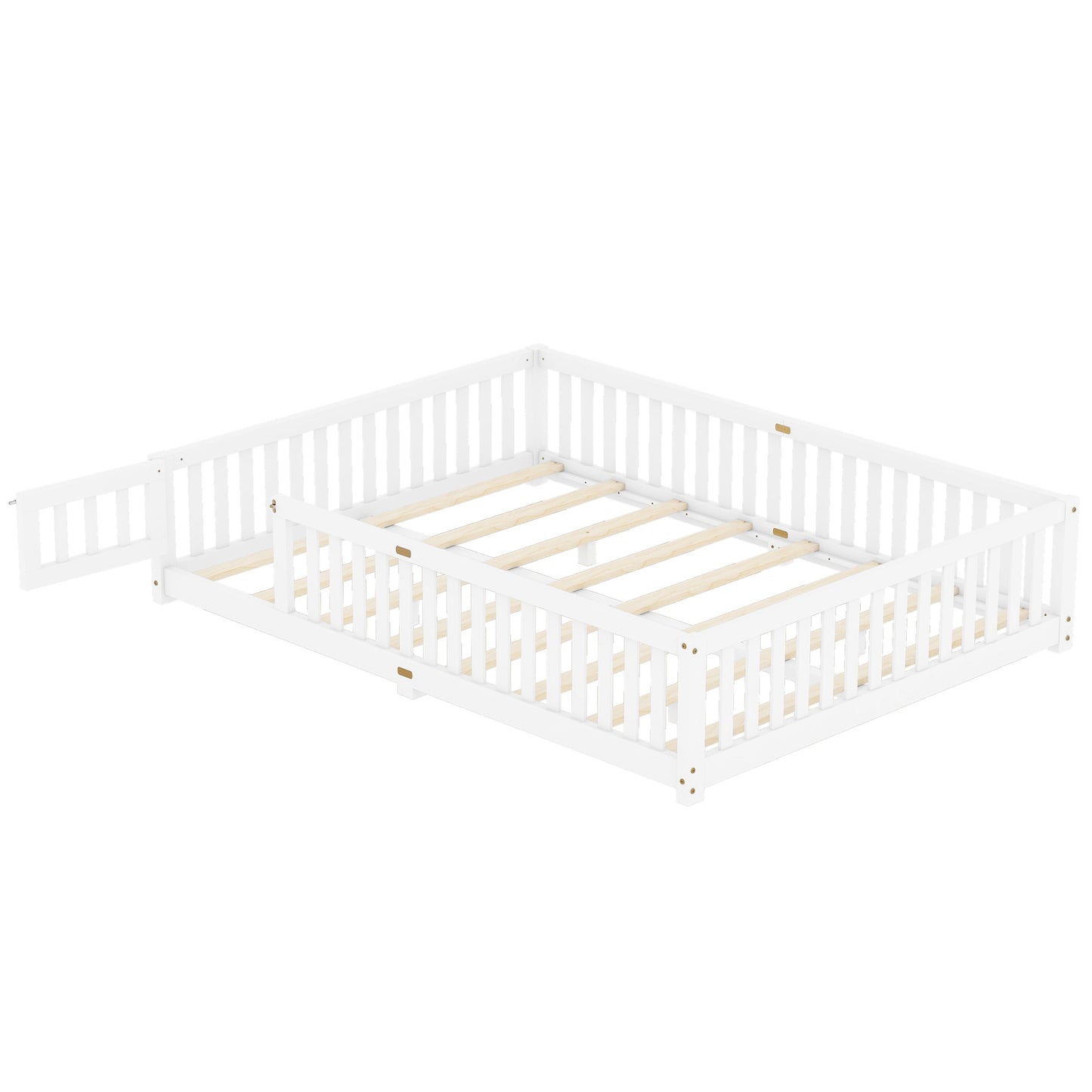 iRerts Queen Floor Bed Frame for Toddlers Kids, Wood Queen Montessori Bed Frame with Slats, Fence, Door, Kids Montessori Bed Queen Size, Queen Toddler Bed Frame for Boys Girls, White