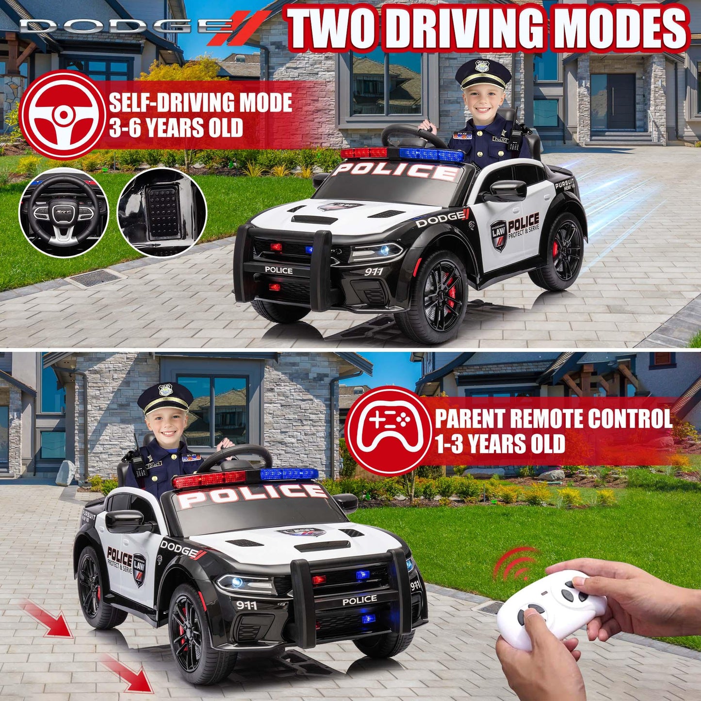 Dodge Charger 12V Ride on Police Cars, Battery Powered Ride on Toy Car with Remote Control for Boys Girls Gifts, Electric Car for Kids with Bluetooth, Music Player, LED Lights, 3 Speeds, White