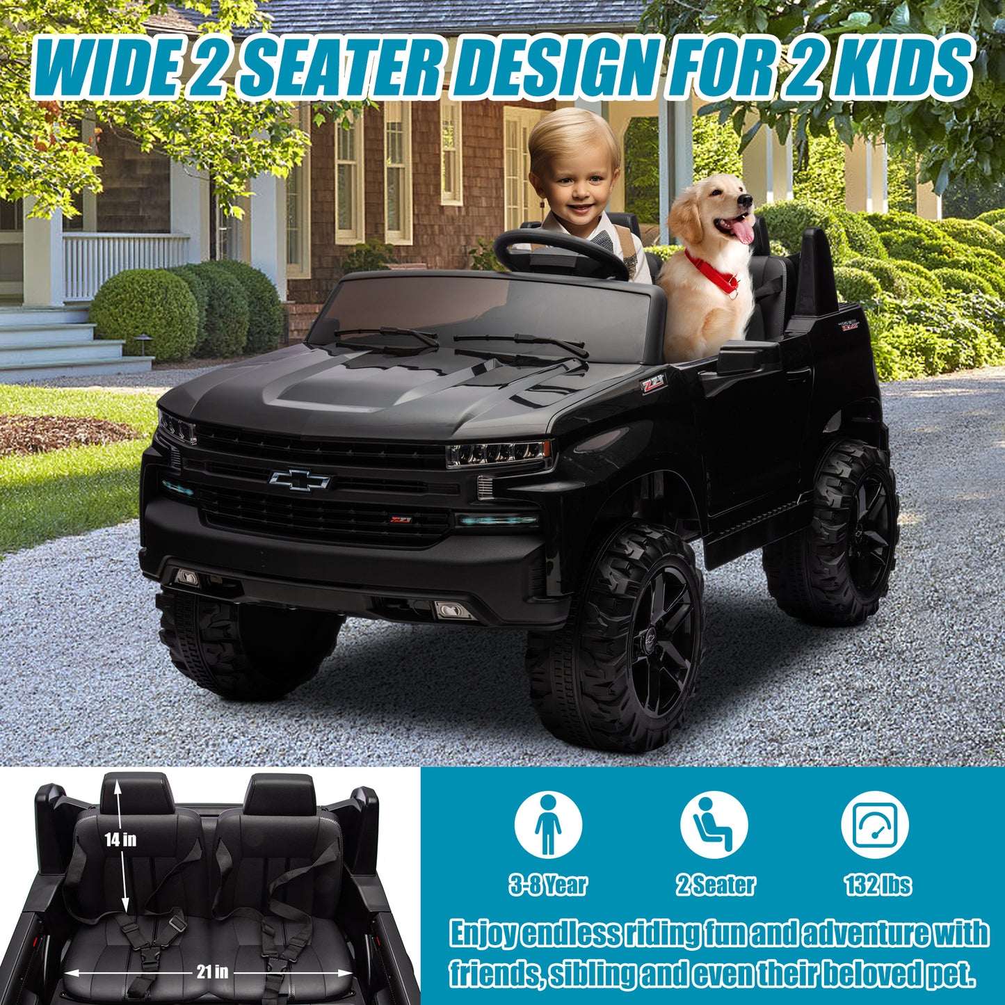 Chevrolet Silverado 24V Ride on Cars with Remote Control, 2 Seater 4 Wheels Kids Electric Cars with Bluetooth, LED Lights, Battery Powered Ride on Truck Toys for Boys Girls Christmas Gifts, Black