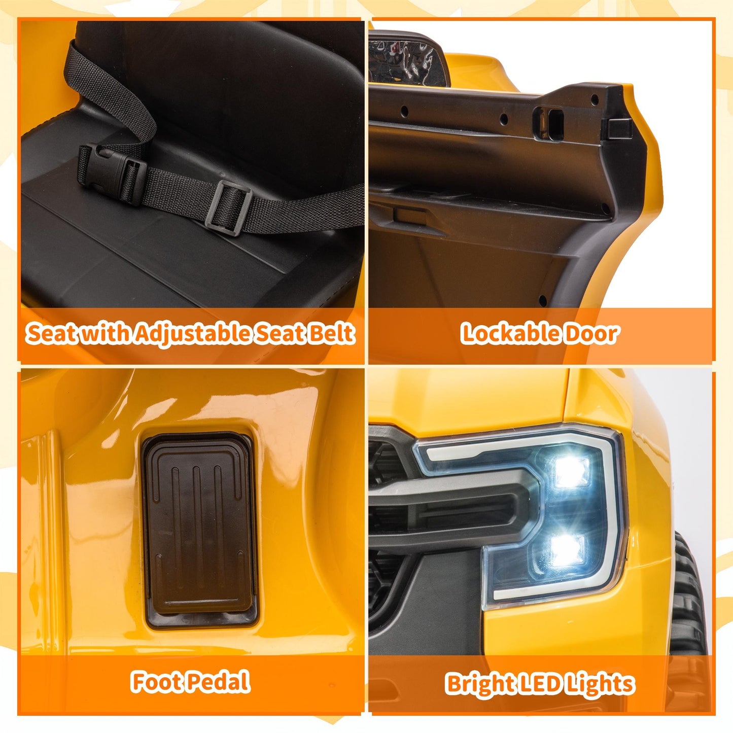 12V Ride on Cars with Remote Control, Ford Ranger Electric Cars for Kids with Bluetooth, Music, USB Port, Horn, LED Lights, Battery Powered Ride on Toys for Kids Boys Girls 3-6 Ages Gifts, Yellow