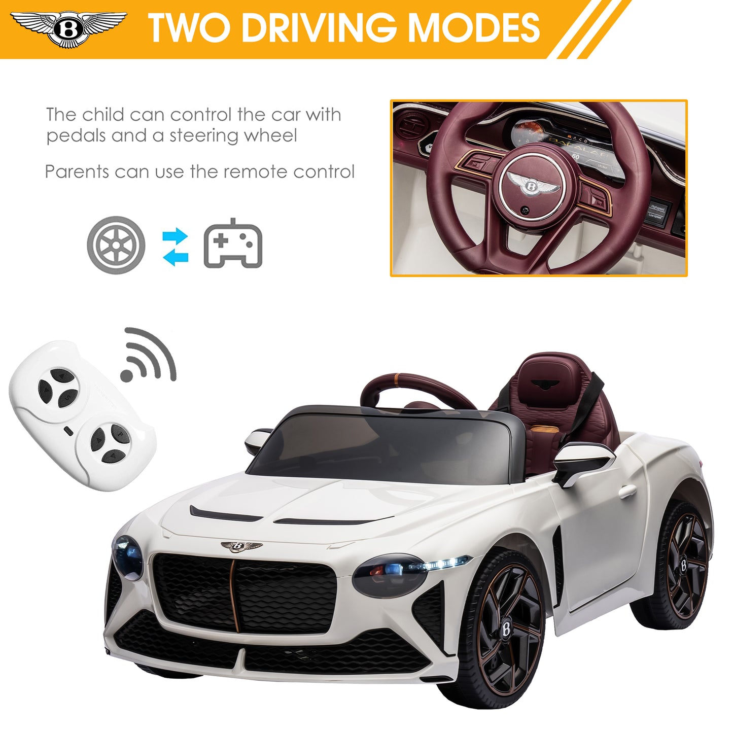 Kids Electric Car for Boys Girls Gift, Licensed Bentley Mulsanne 12V Ride On Cars with Remote Control, Battery Powered Ride On Toys with Bluetooth, USB, MP3, LED Light, White