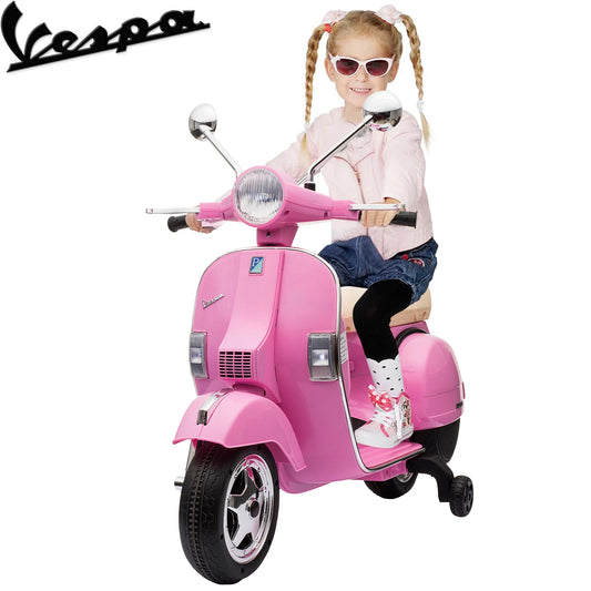 Vespa 12V Ride on Motorcycle, Battery Powered Electric Motorcycle for Kids, Toddler Scooter with Training Wheels, Key Switch, Music, Lights, Ride on Toys for Kids 3-6 Boys Girls, Pink