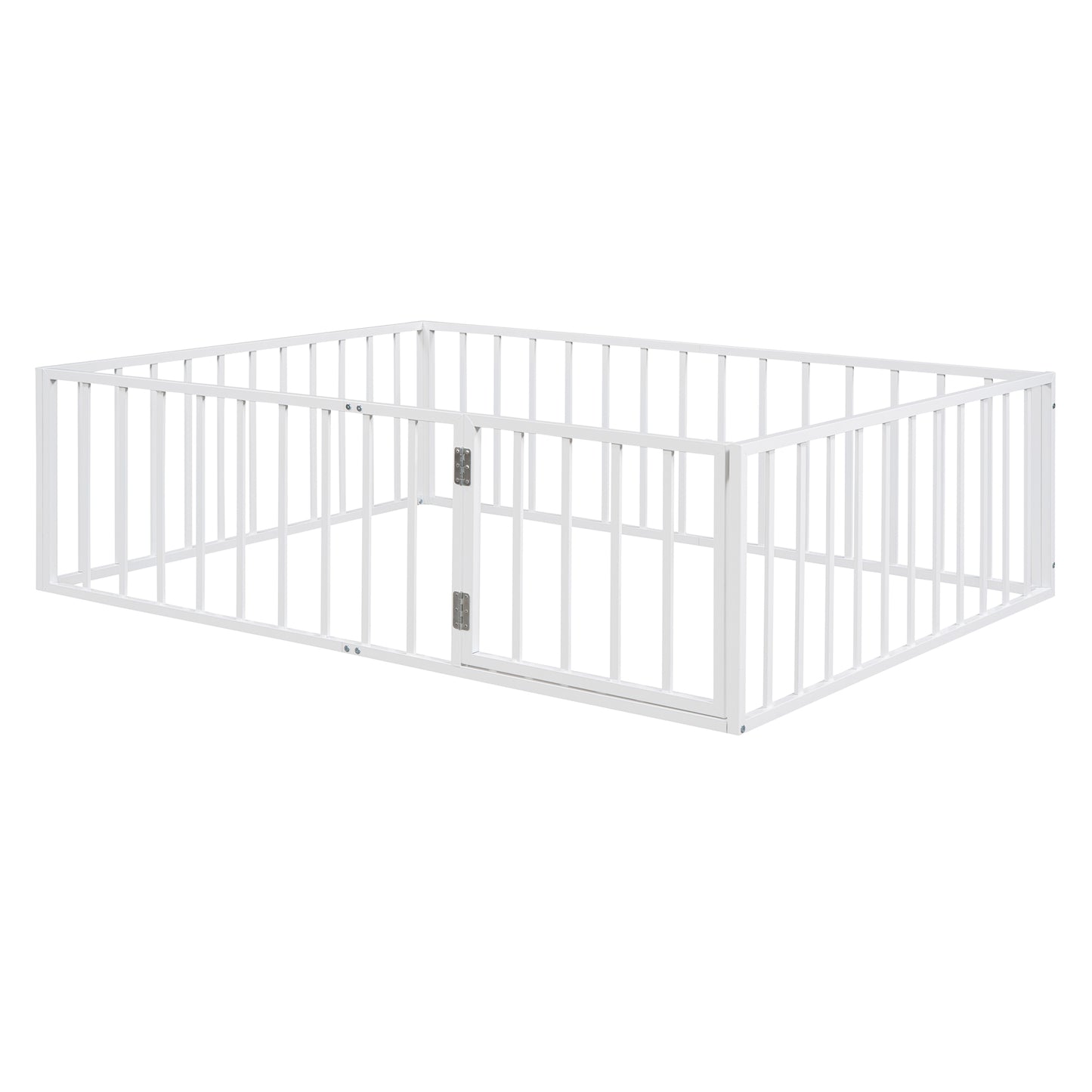 iRerts Full Floor Bed Frame, Metal Full Size Montessori Floor Bed Frame with Fence and Door, Kids Toddler Floor Bed Frame Full Size for Girls Boys, Twin Bed Frame without Bed Slats, White