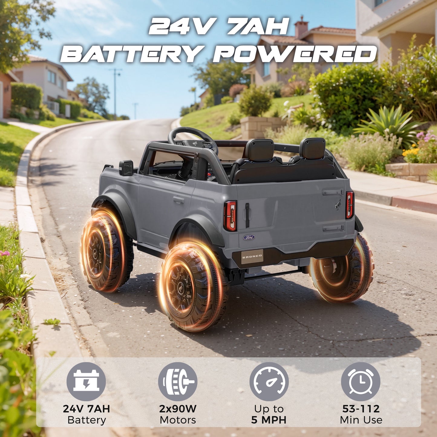 iRerts 2 Seater Ride on Cars, Licensed Ford Bronco Base 24V Ride on Toys for Big Kids Ages 3-8, Powered Kids Car Electric Vehicle with Remote Control, Bluetooth, LED Lights, 4 Wheel Suspension, Gray