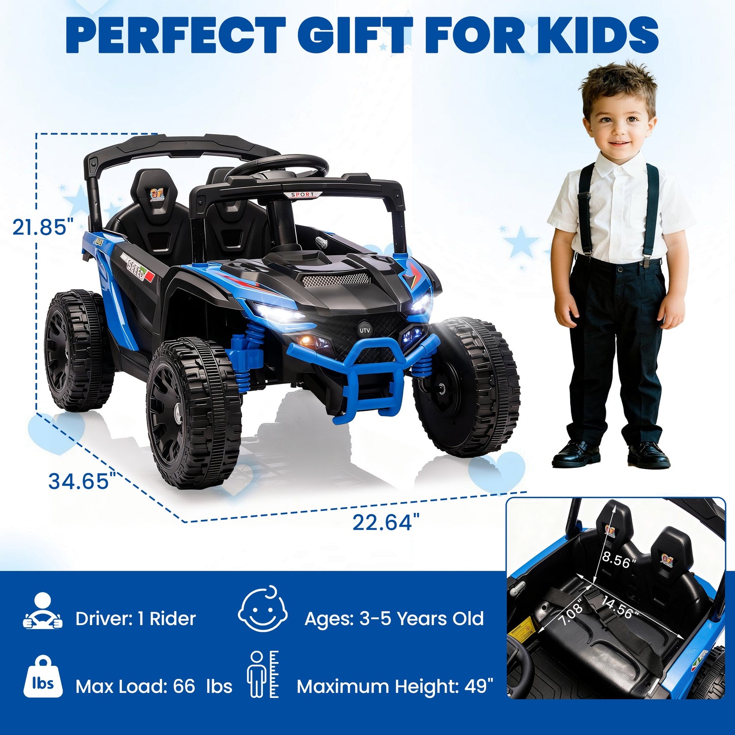 iRerts 24V Powered Ride on Car UTV, Kids Ride on Toys with Remote Control, Bluetooth, Music, 4 Wheels Suspension, LED Light, Kids Cars 4 Wheeler Electric Vehicles for Boys Girls Ages 3-5 Gifts, Blue