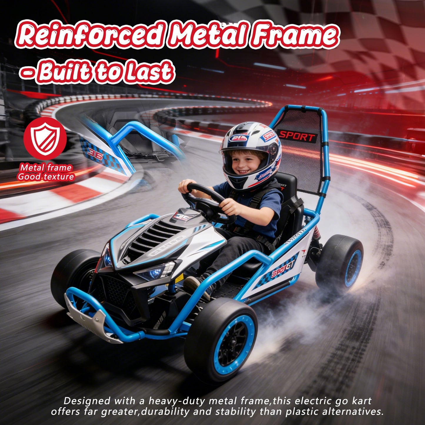 24V Powered Ride on Toys, iRerts Electric Go Kart with Drift Mode, Bluetooth Music, EVA Front Tires, Rear Wheel Suspension, Max Speed 7.5 MPH, Crazy Go Cart Electric Car for Kids 6-12 Ages,  Blue