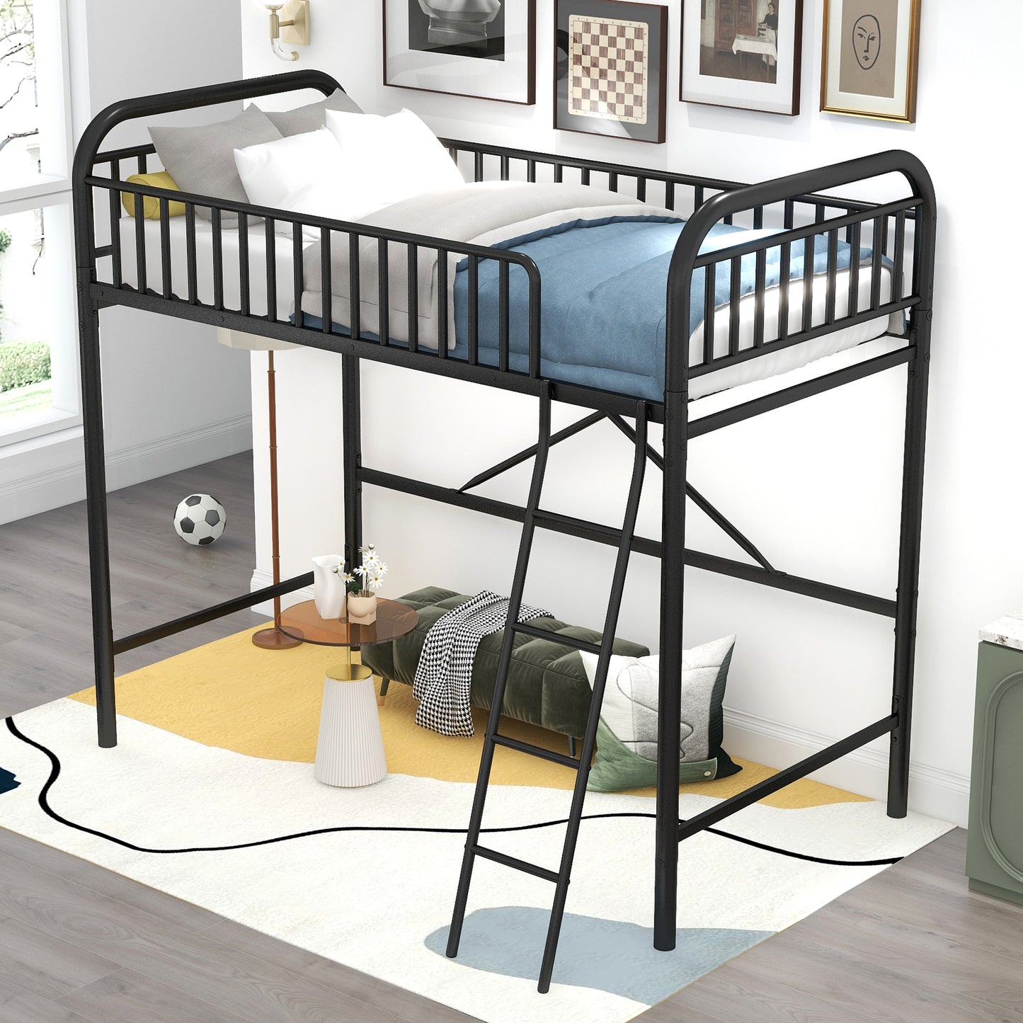 iRerts Black Loft Bed Twin Size, Twin Metal Loft Bed for Kids Teens, Twin Size Loft Bed with Ladder, Full-Length Guardrails, No Box Spring Needed, Modern Twin Loft Bed for Bedroom, Dorm, Guest Room
