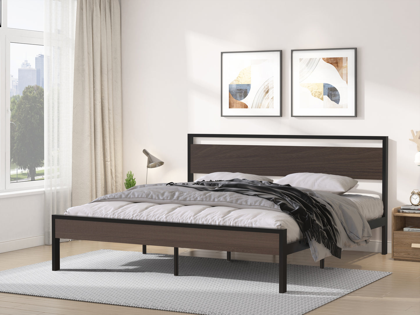 iRerts King Platform Bed Frame with Headboard, Industrial Metal King Bed Frame with Slat Support, Modern Bed Frame King Size for Adults Teens Kids Bedroom, No Box Spring Needed, Black